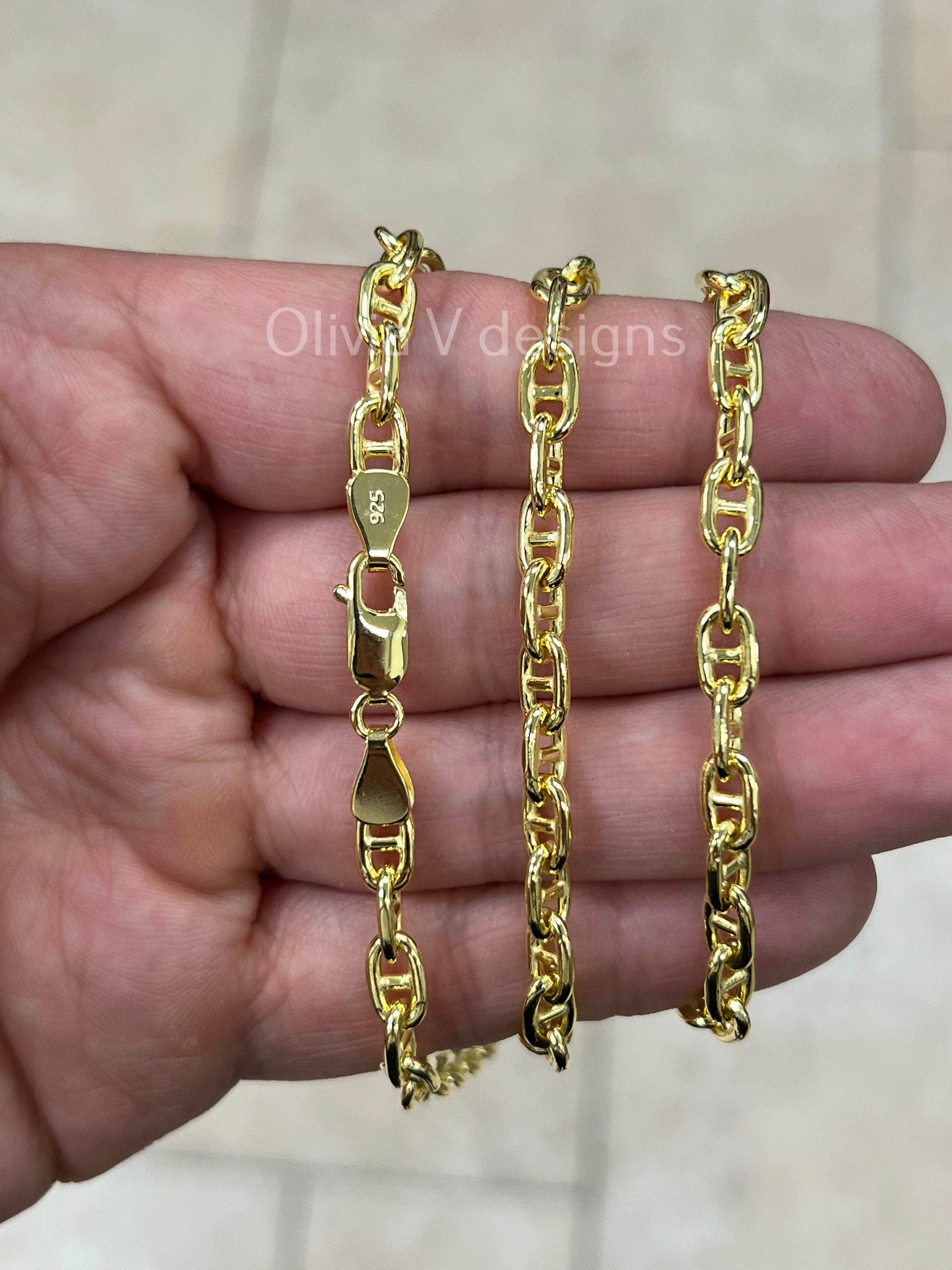 Sterling Silver 14k Puffed Mariner Chain 14K Yellow Gold Over 925