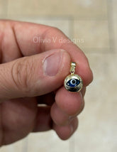 14k Yellow Gold Greek Evil Eye Pendant, Dainty Eye - Genuine 14k Gold - Talisman Good Luck, , Protection, Diamond Cut, Light Blue, 10mm