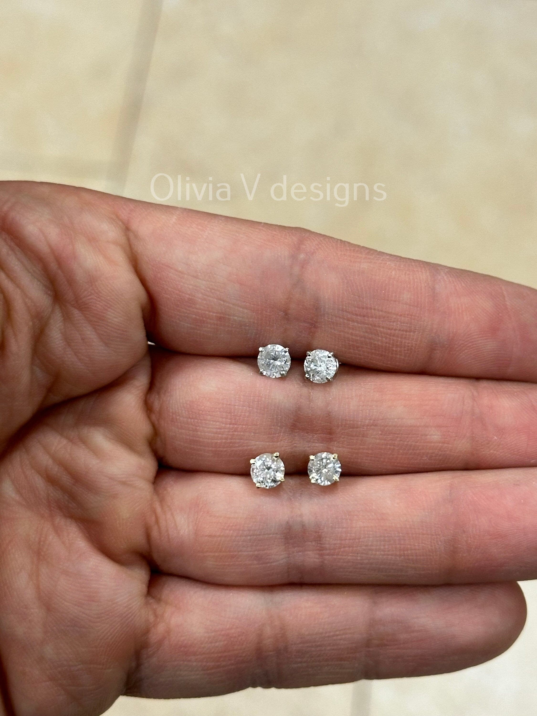 1 Carat TW Real (Natural) Round Diamond Solitaire Stud Earrings in 14K Yellow White Gold, 4-Prong Screw Backs, Color G/H