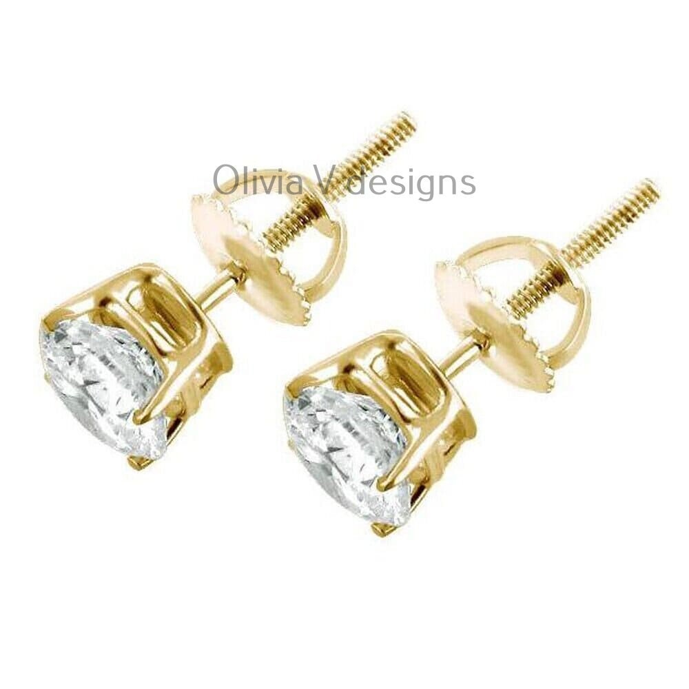 0.50 Carat TW Real (Natural) Round Diamond Solitaire Stud Earrings in 14K Yellow Gold Color G/H