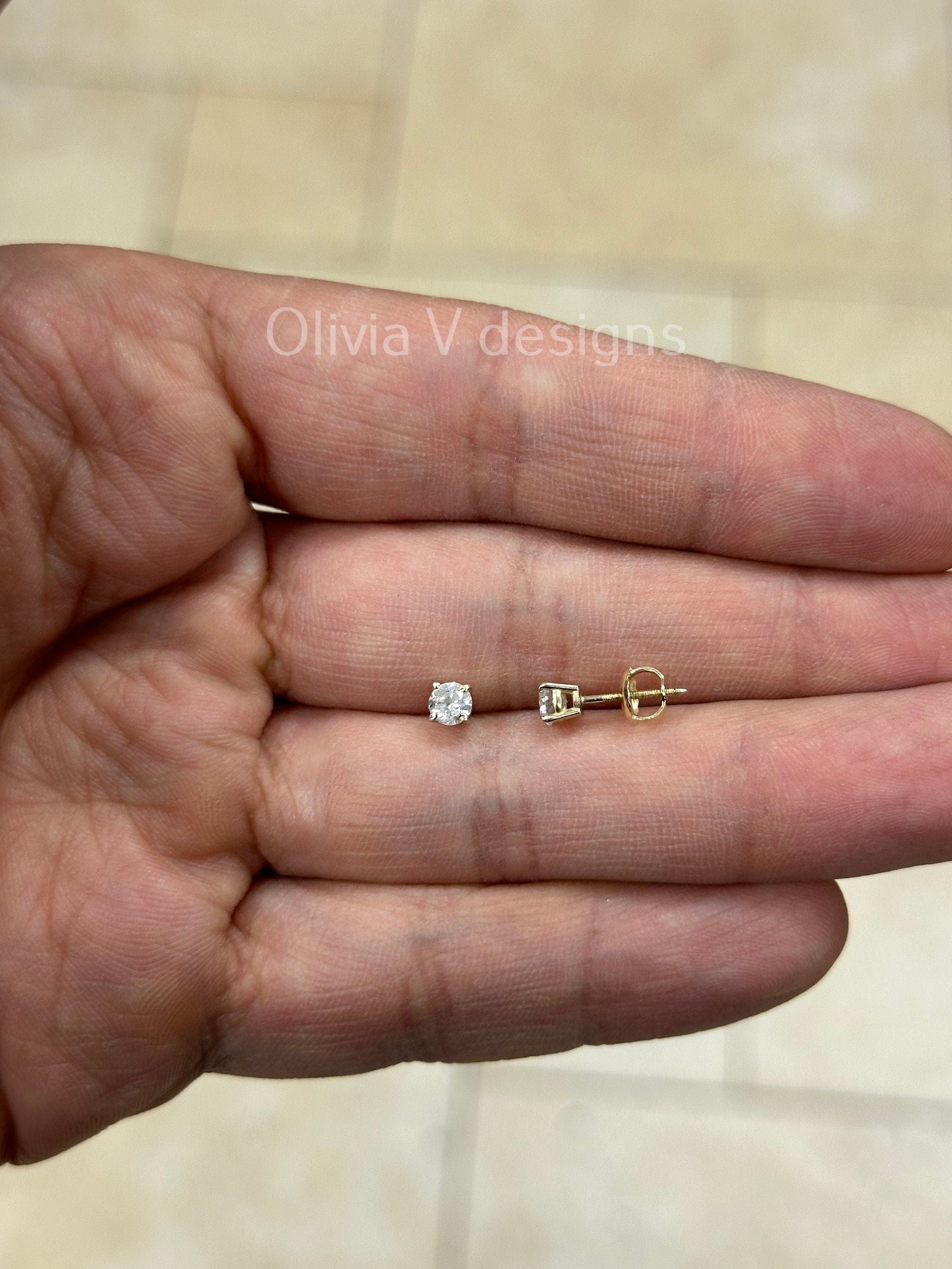 0.50 Carat TW Real (Natural) Round Diamond Solitaire Stud Earrings in 14K Yellow Gold, 4-Prong Screw Back Basket Setting Color G/H