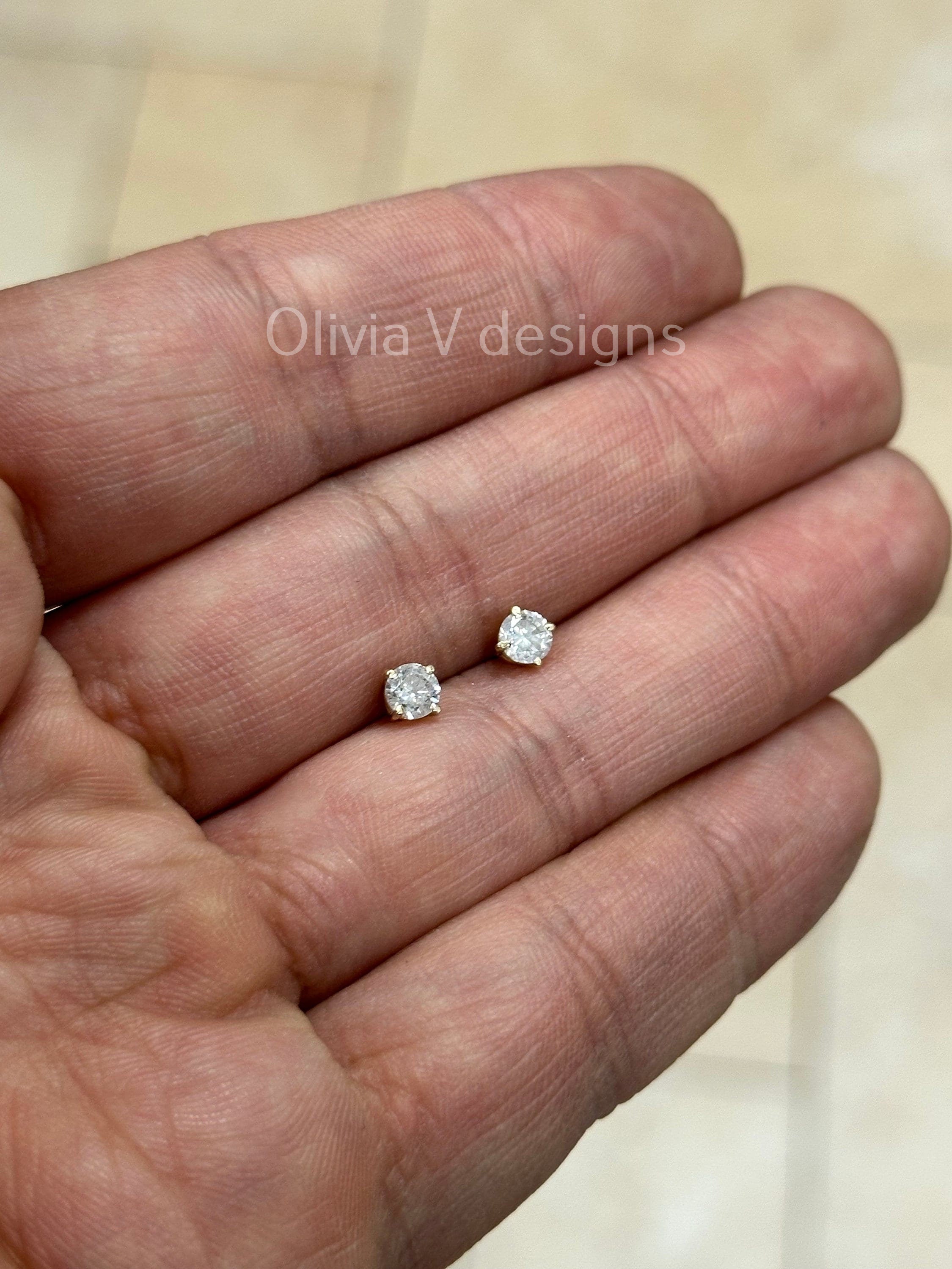0.50 Carat TW Real (Natural) Round Diamond Solitaire Stud Earrings in 14K Yellow Gold, 4-Prong Screw Back Basket Setting Color G/H