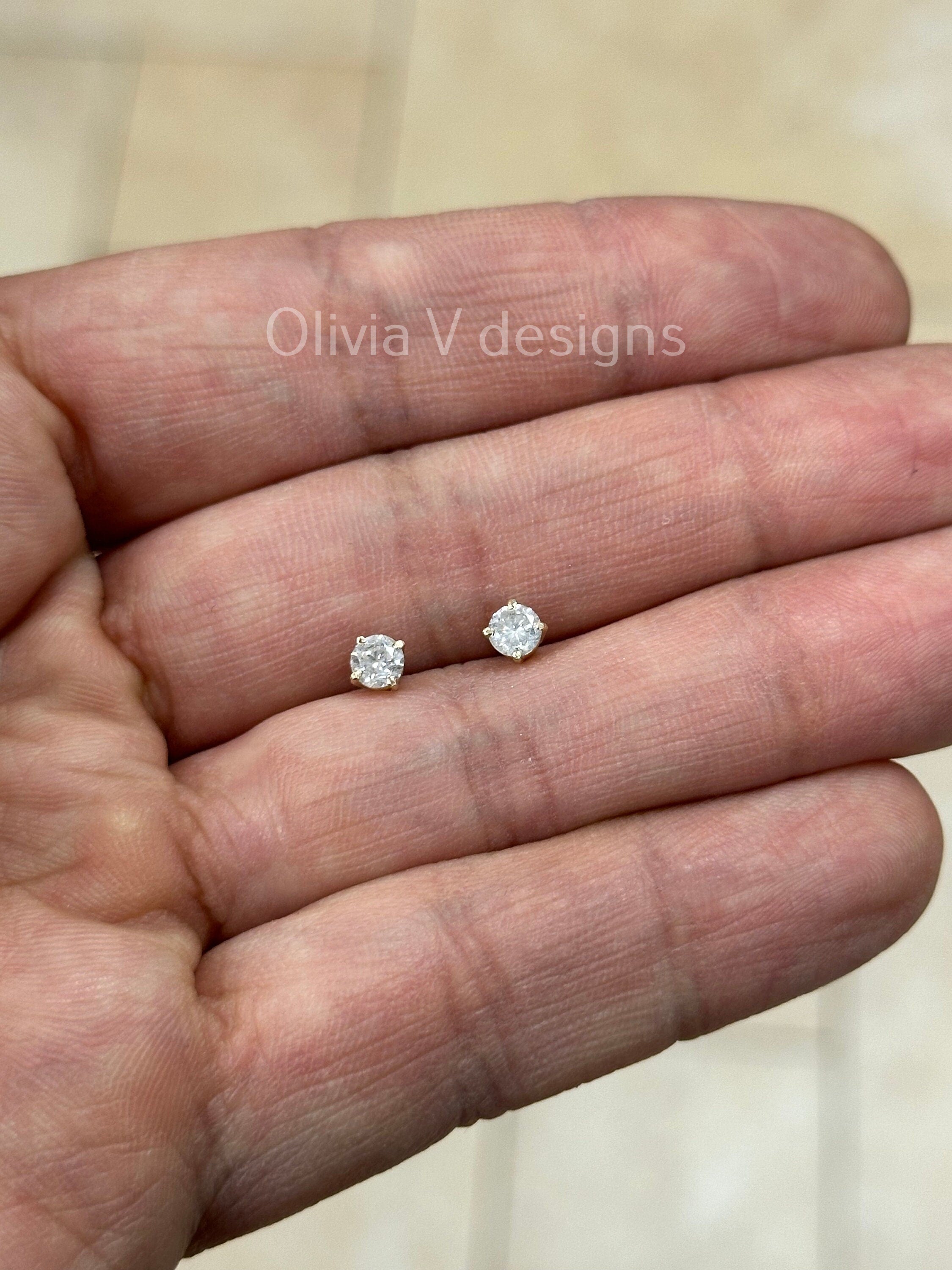 0.50 Carat TW Real (Natural) Round Diamond Solitaire Stud Earrings in 14K Yellow Gold, 4-Prong Screw Back Basket Setting Color G/H