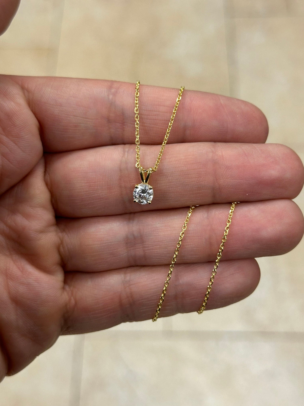 0.75 Carat Lab Grown Round Diamond Solitaire Pendant  in 14K Yellow Gold, Color D/E VS1-VS2