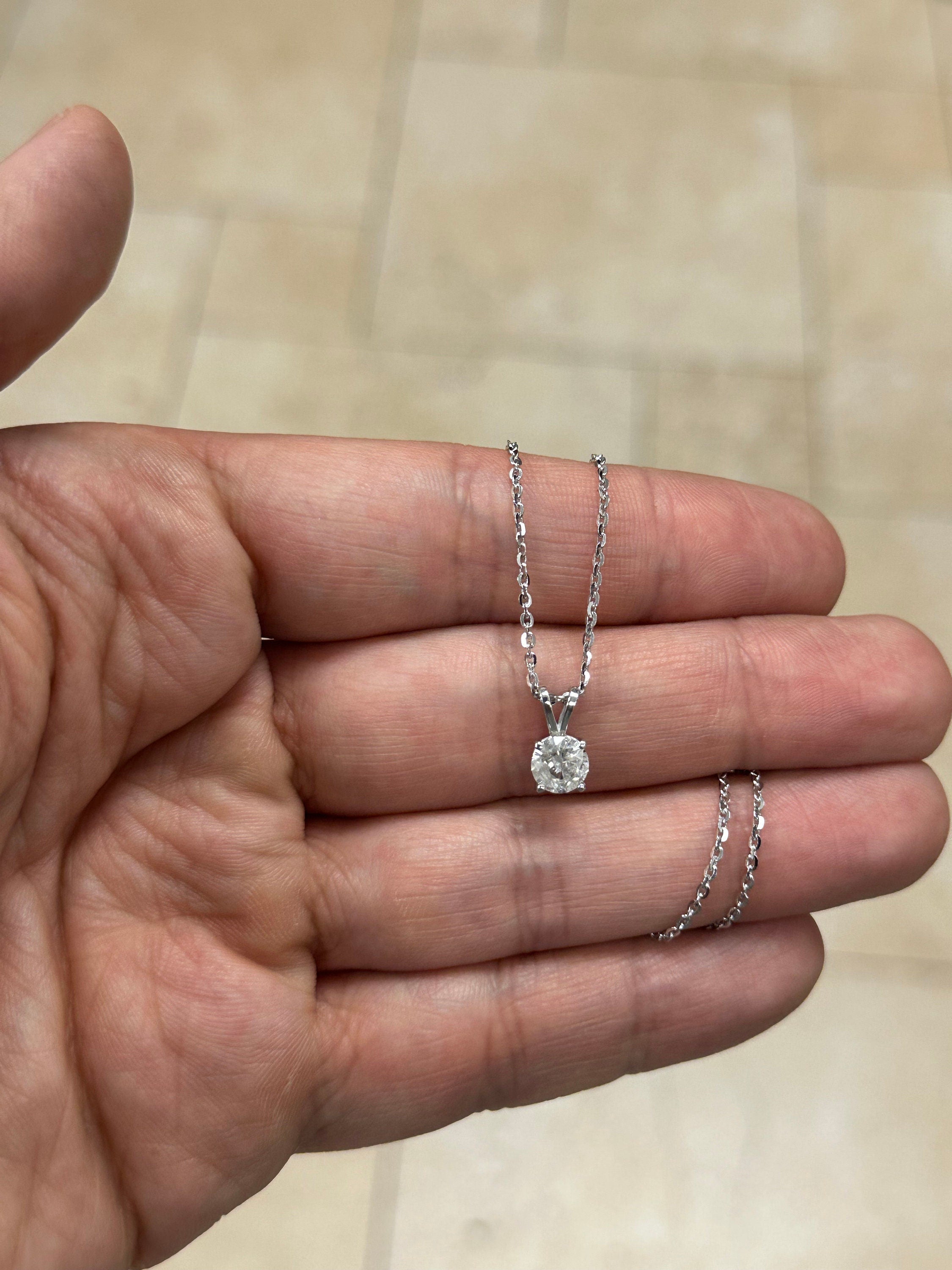 0.80 Carat Round Cut Real (Natural) Round Diamond Solitaire Pendant Necklace In 14K White Gold, G-H