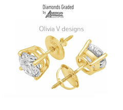 1.00 Carat TW Real Natural Round Diamond Solitaire Stud Earrings 14k Yellow Gold Color G/H AAA Graded