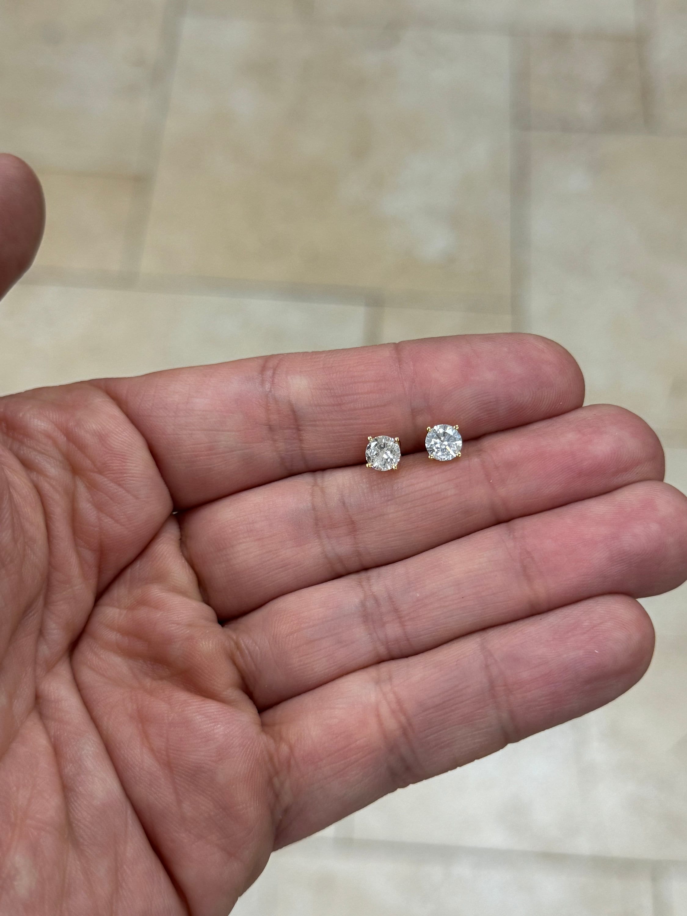 1.20 Carat Total Weight Real Natural Round Diamond Solitaire Stud Earrings in 14K Yellow Gold Color G/H