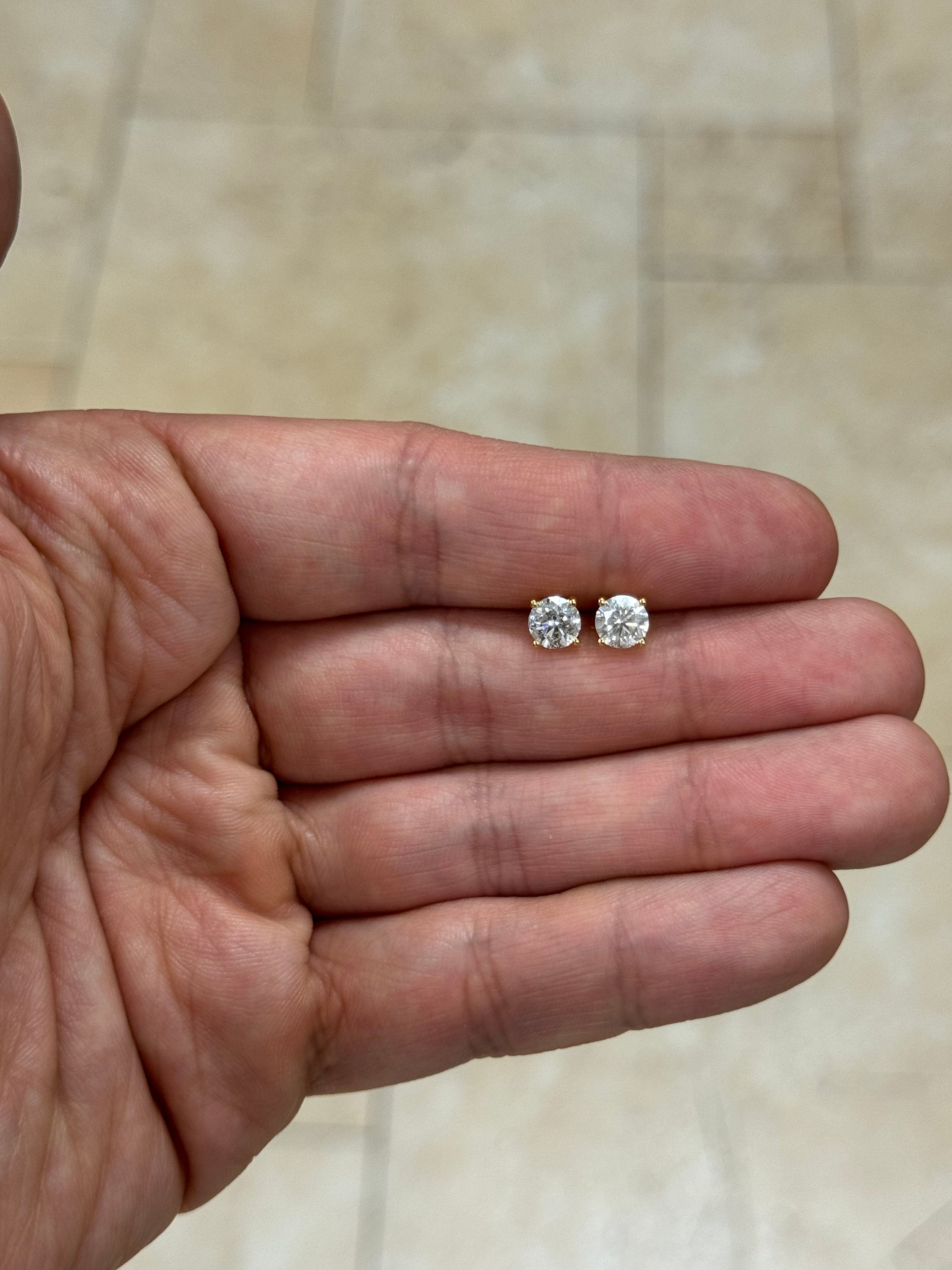 1.50 Carat Total Weight Real Natural Round Diamond Solitaire Stud Earrings in 14K Yellow Gold Color G/H