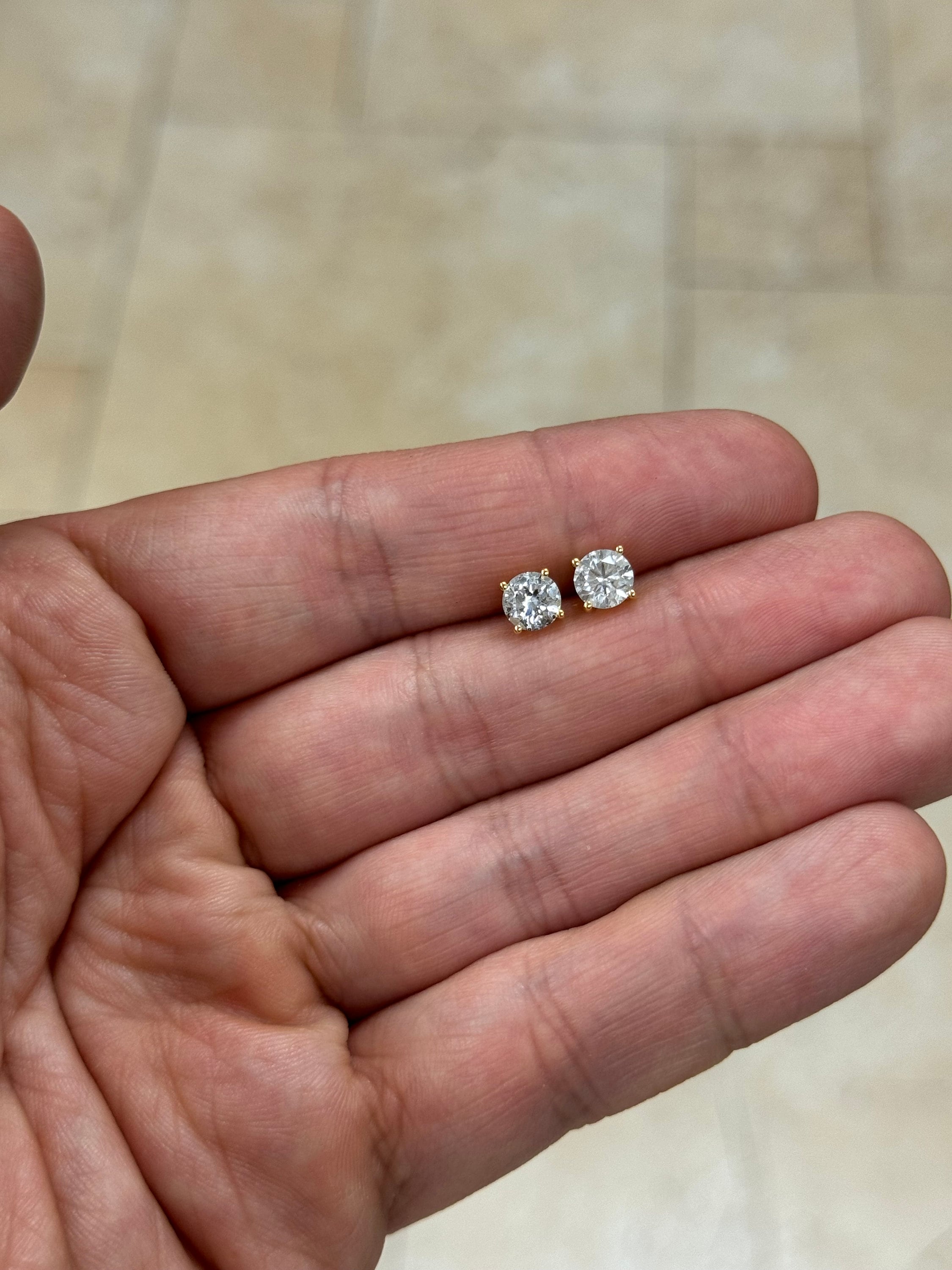 1.50 Carat Total Weight Real Natural Round Diamond Solitaire Stud Earrings in 14K Yellow Gold Color G/H