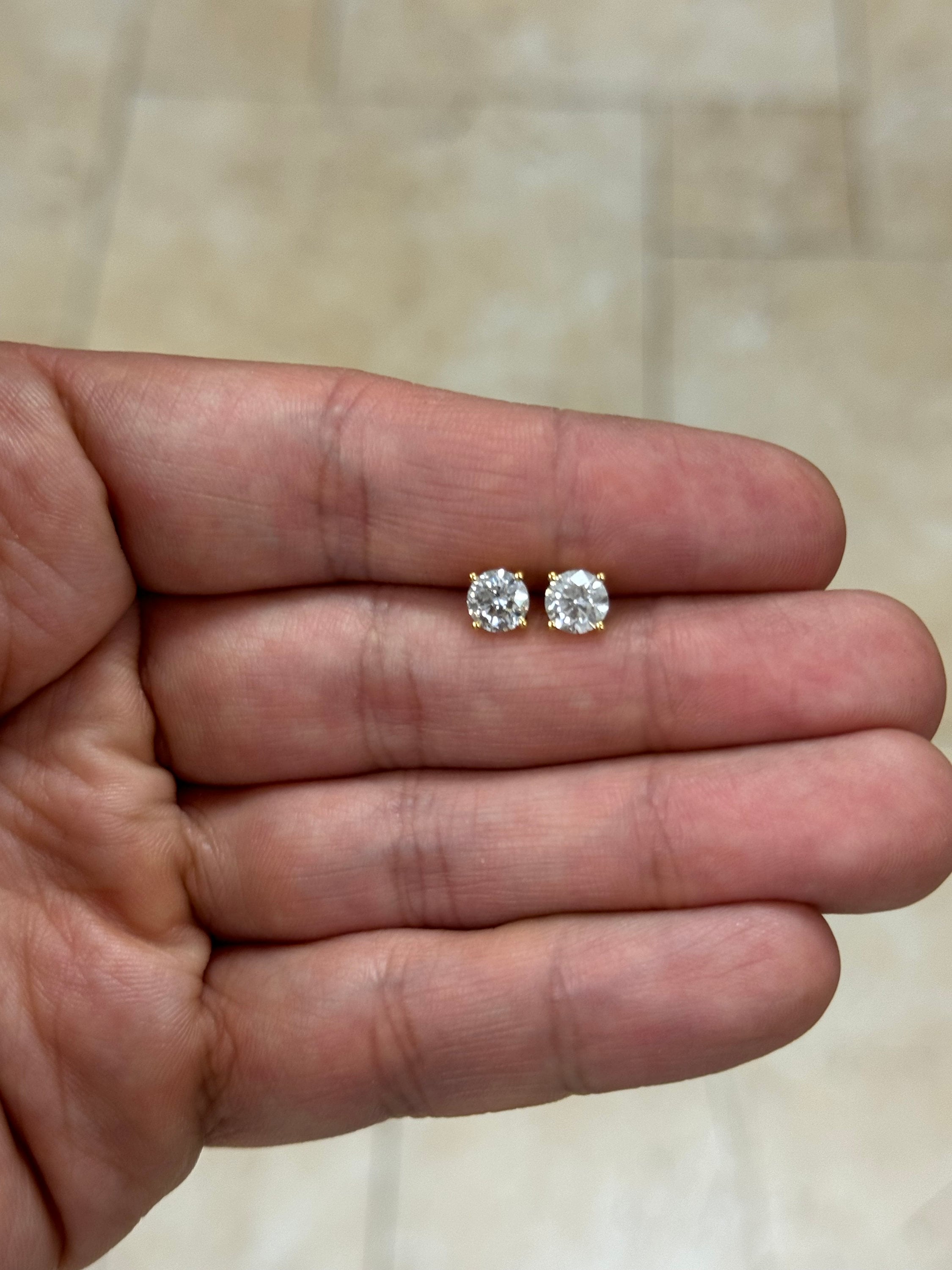 1.50 Carat Total Weight Real Natural Round Diamond Solitaire Stud Earrings in 14K Yellow Gold Color G/H