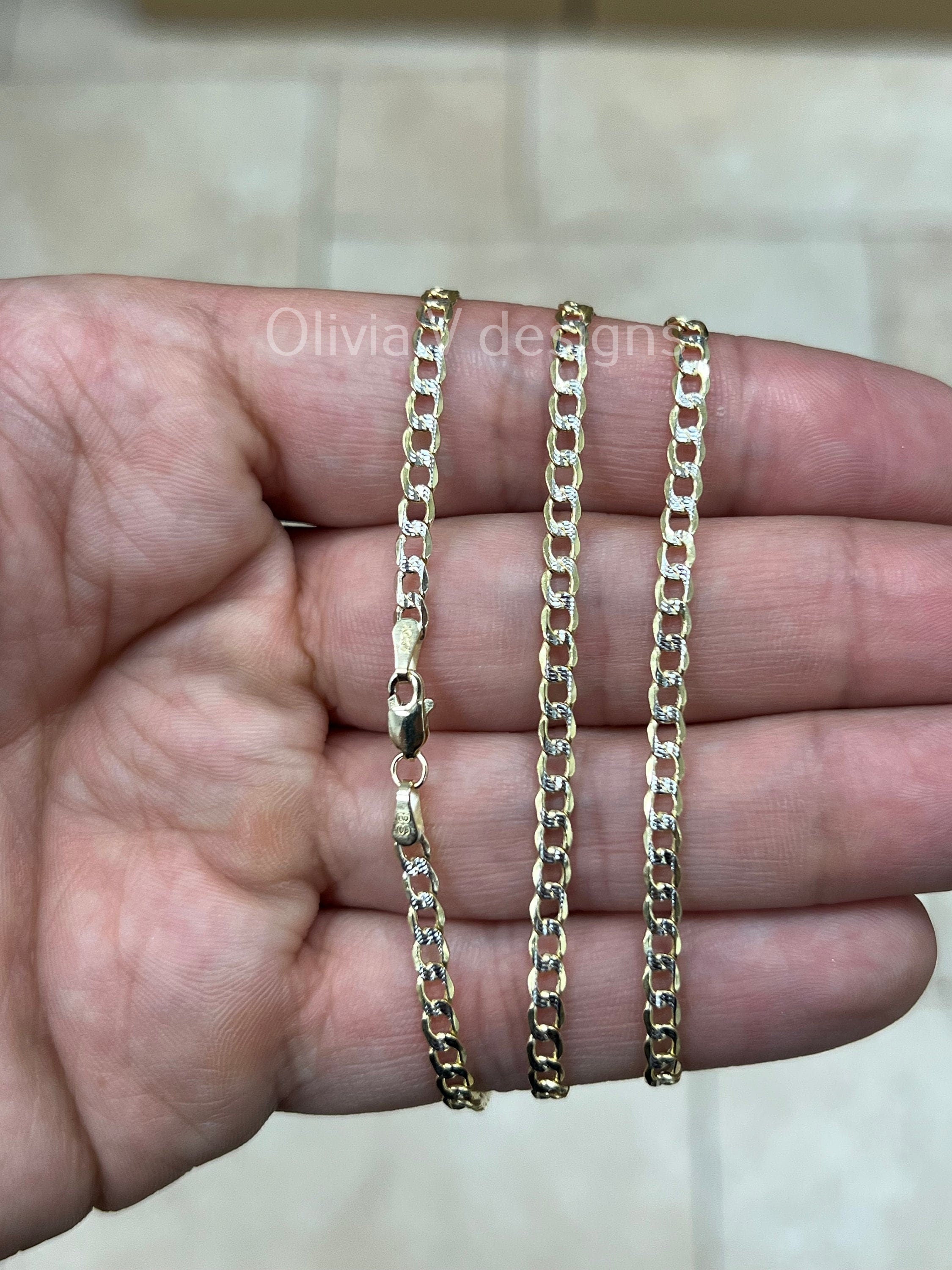 10K Solid Yellow Gold Cuban Two Tone Pave 3.5MM Link Chain Necklace 18" 20" 22" 24" ,Layering Chain , Everyday Minimal Chain, 10K Gold
