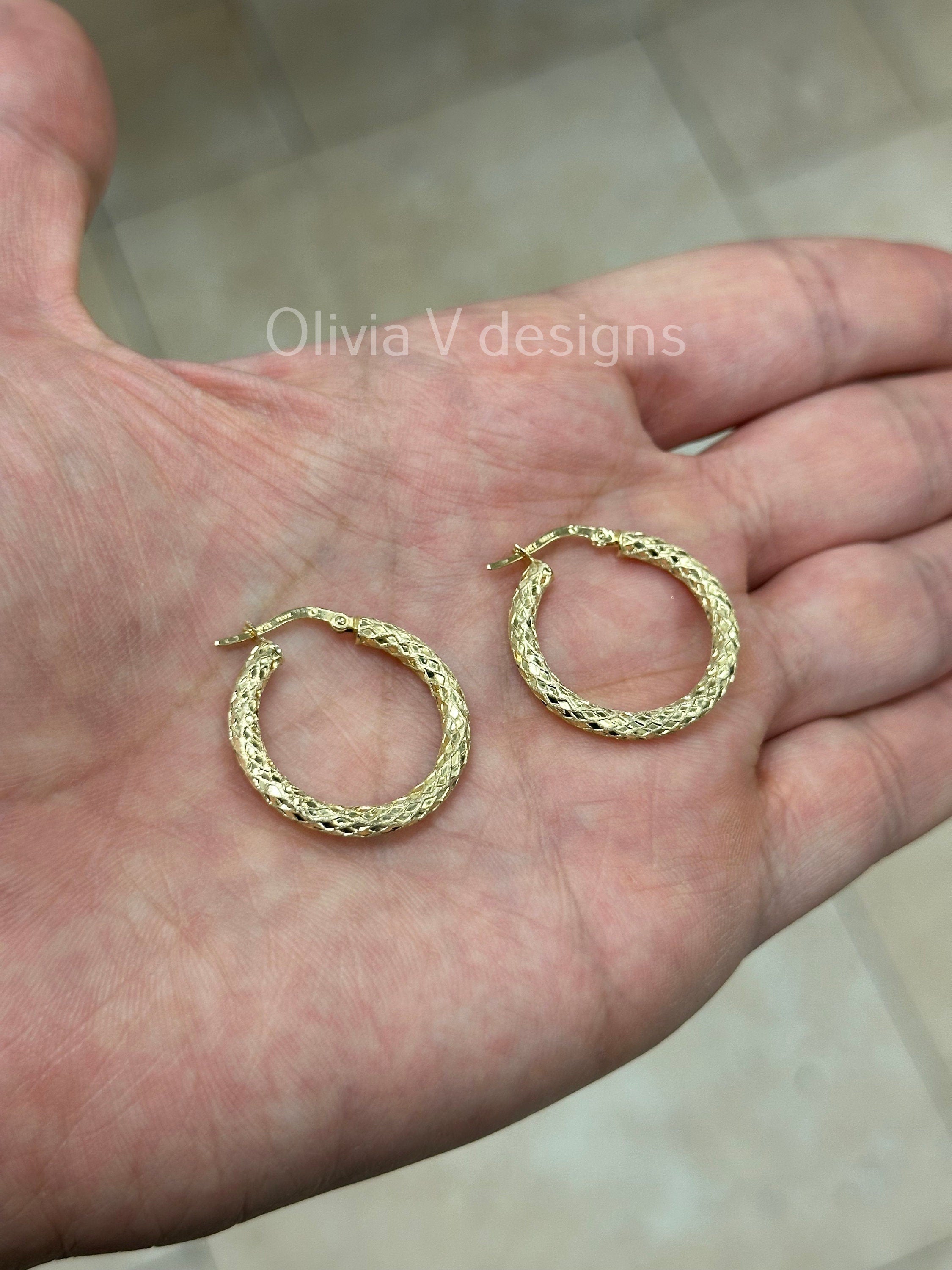 10k Yellow Gold Diamond Cut Textured Hoop Earring 25mm / Classic Hoops, Everyday Earrings, Gift for her