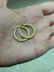 10k Yellow Gold Diamond Cut Textured Hoop Earring 25mm / Classic Hoops, Everyday Earrings, Gift for her