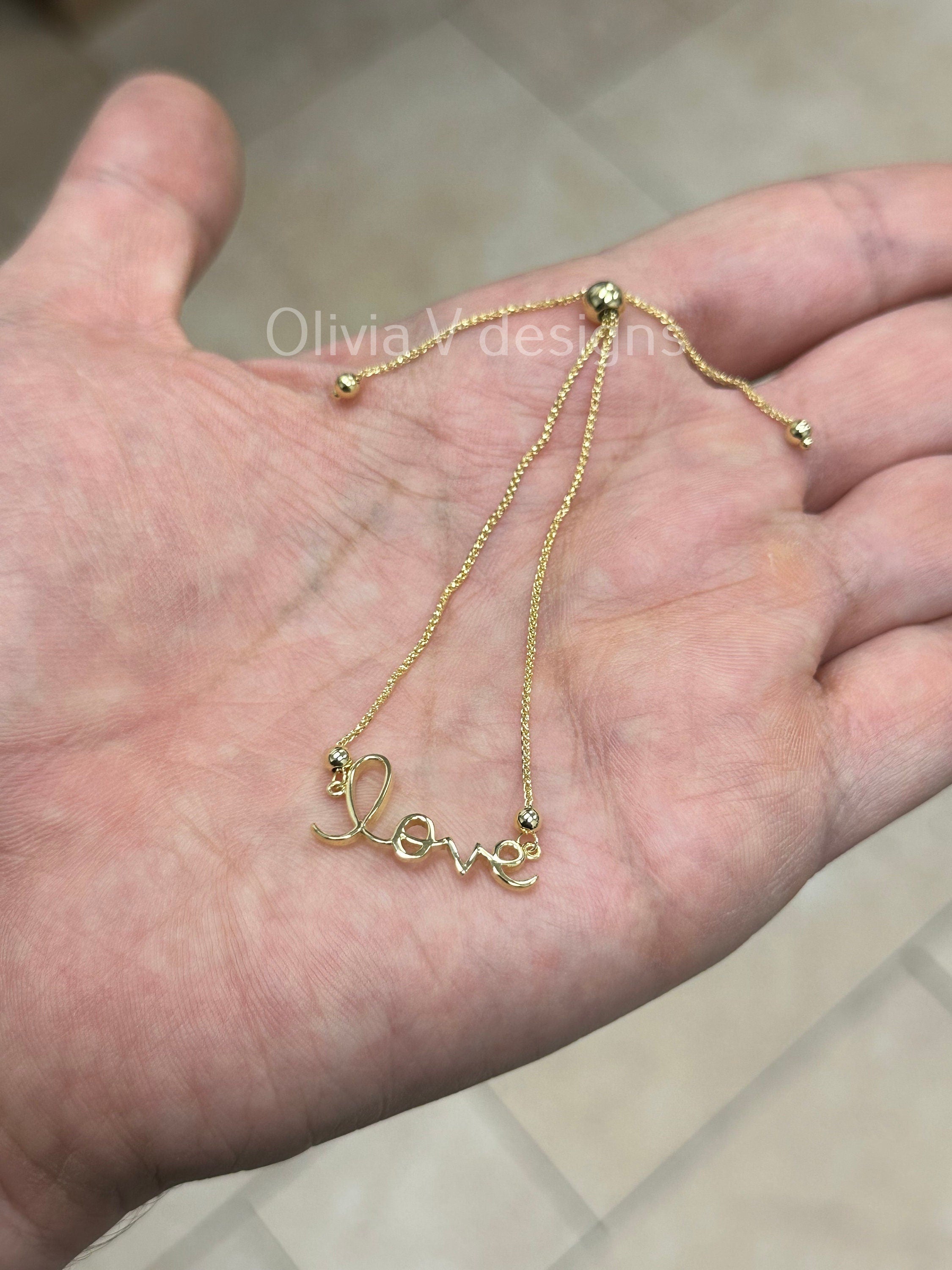 10k Yellow Gold Love Adjustable Bolo Bracelet, Cursive Letters, 9.5'' Length, Slide Bolo Clasp, Love