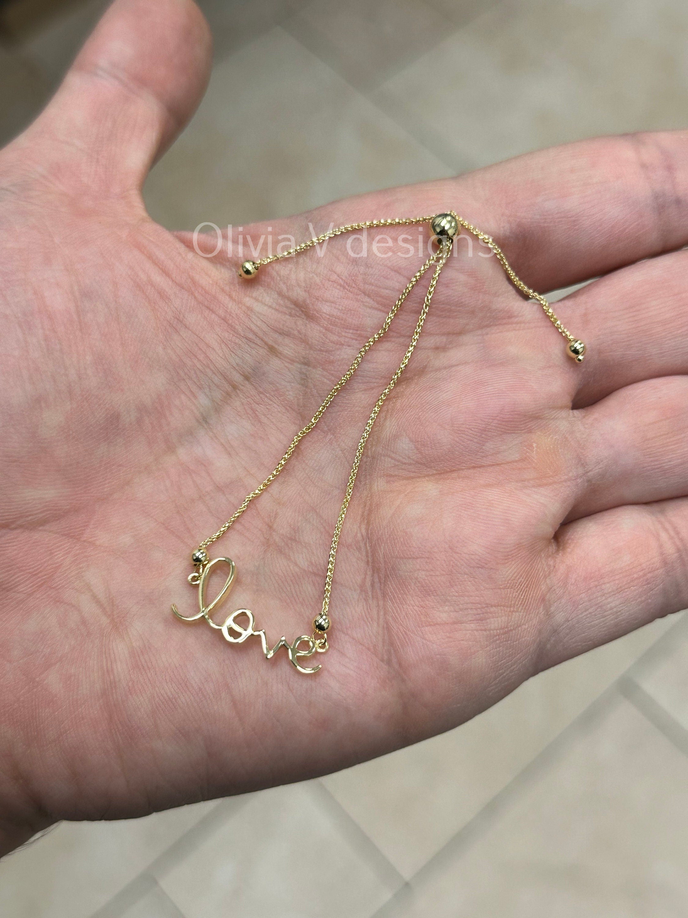 10k Yellow Gold Love Adjustable Bolo Bracelet, Cursive Letters, 9.5'' Length, Slide Bolo Clasp, Love