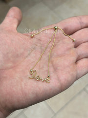 10k Yellow Gold Love Adjustable Bolo Bracelet, Cursive Letters, 9.5'' Length, Slide Bolo Clasp, Love