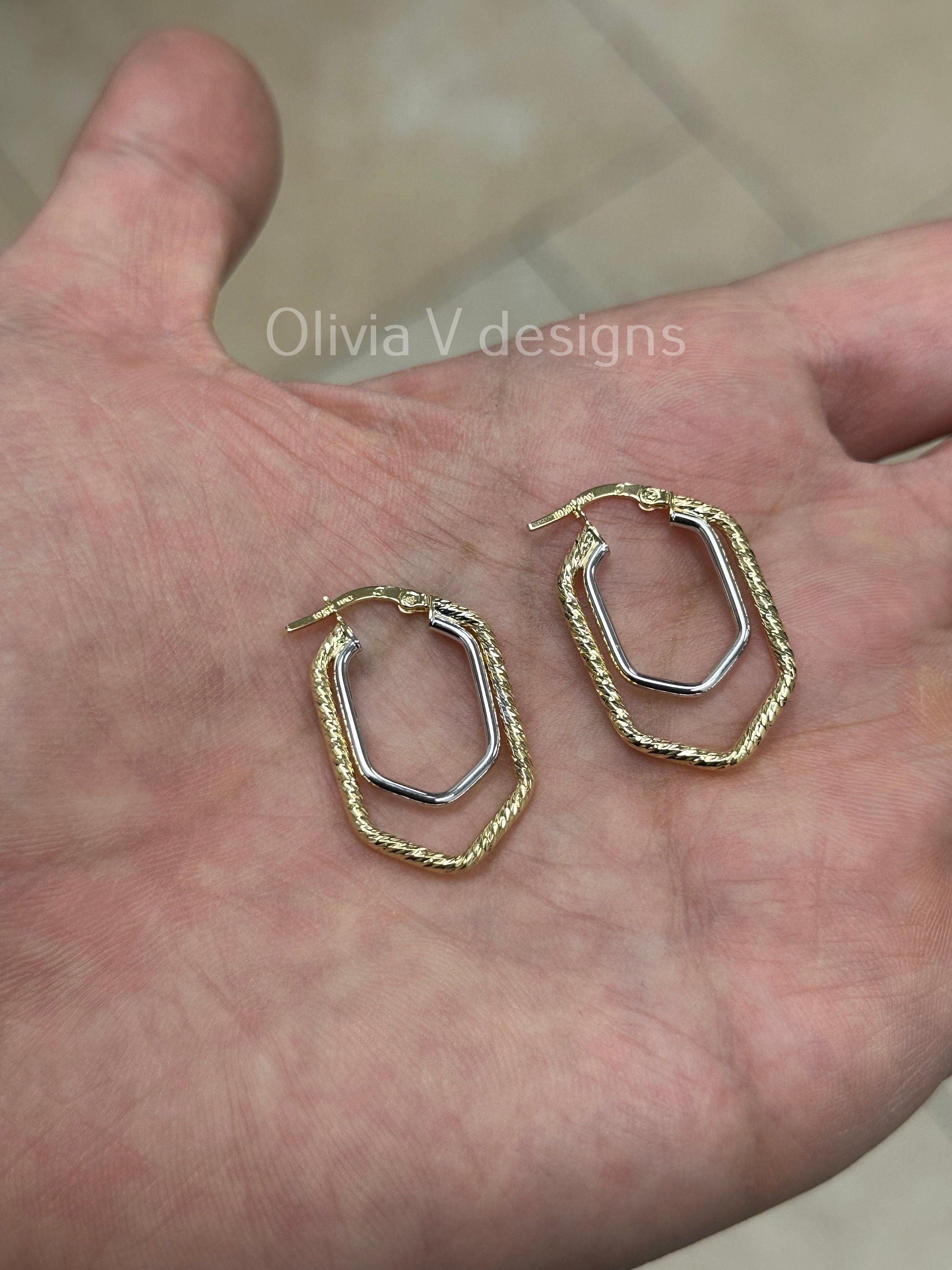 10k Yellow Gold Two Tone Diamond Cut Textured Hoop Earring 30mm, Dainty Everyday Earrings, Gift for her