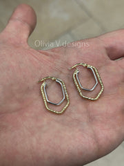 10k Yellow Gold Two Tone Diamond Cut Textured Hoop Earring 30mm, Dainty Everyday Earrings, Gift for her