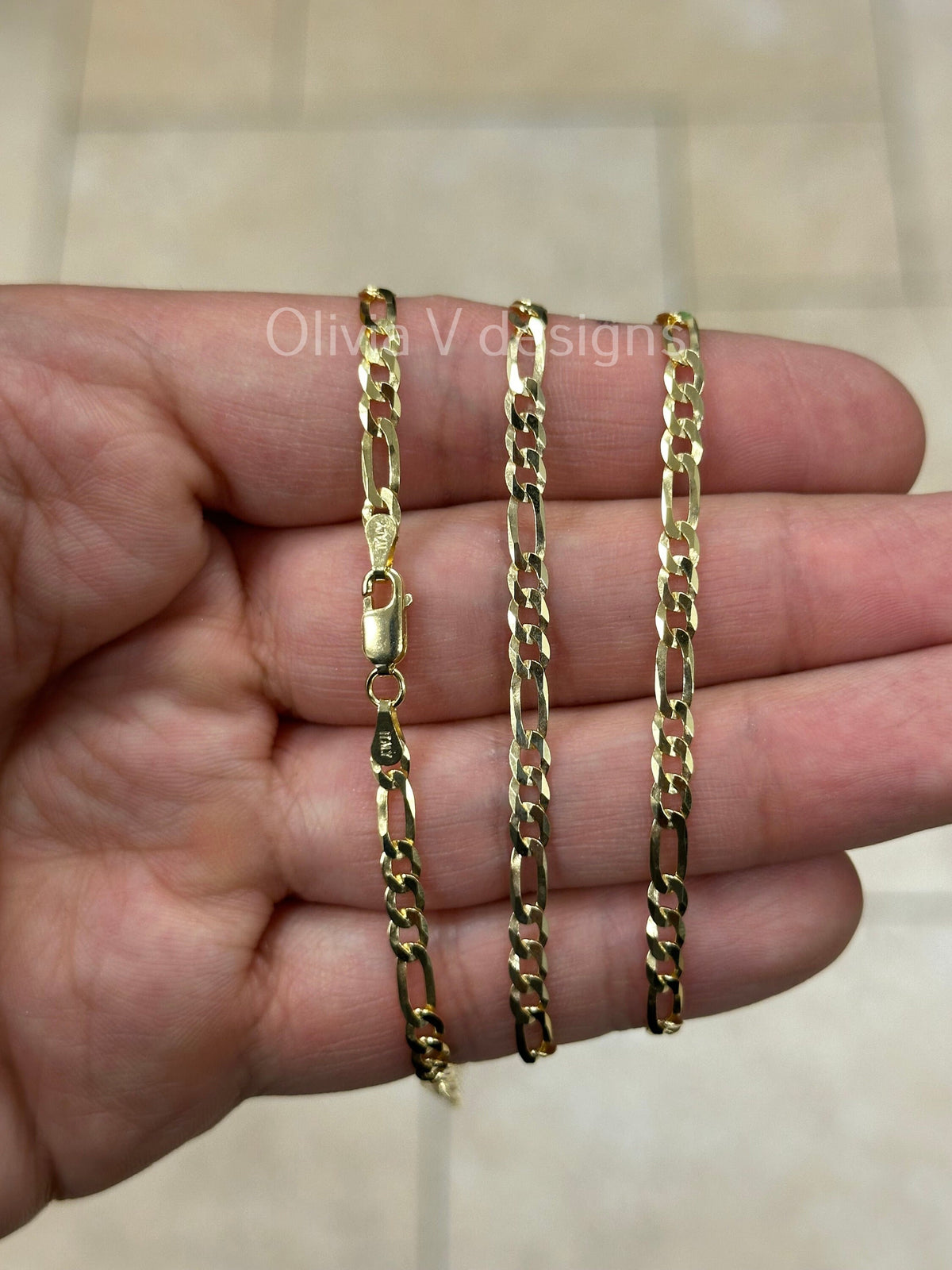 14K Gold Figaro Chain, Men Woman Necklace , Over 925 Sterling Silver, 3.7mm, All Sizes Available 16-30, Italy, Sale