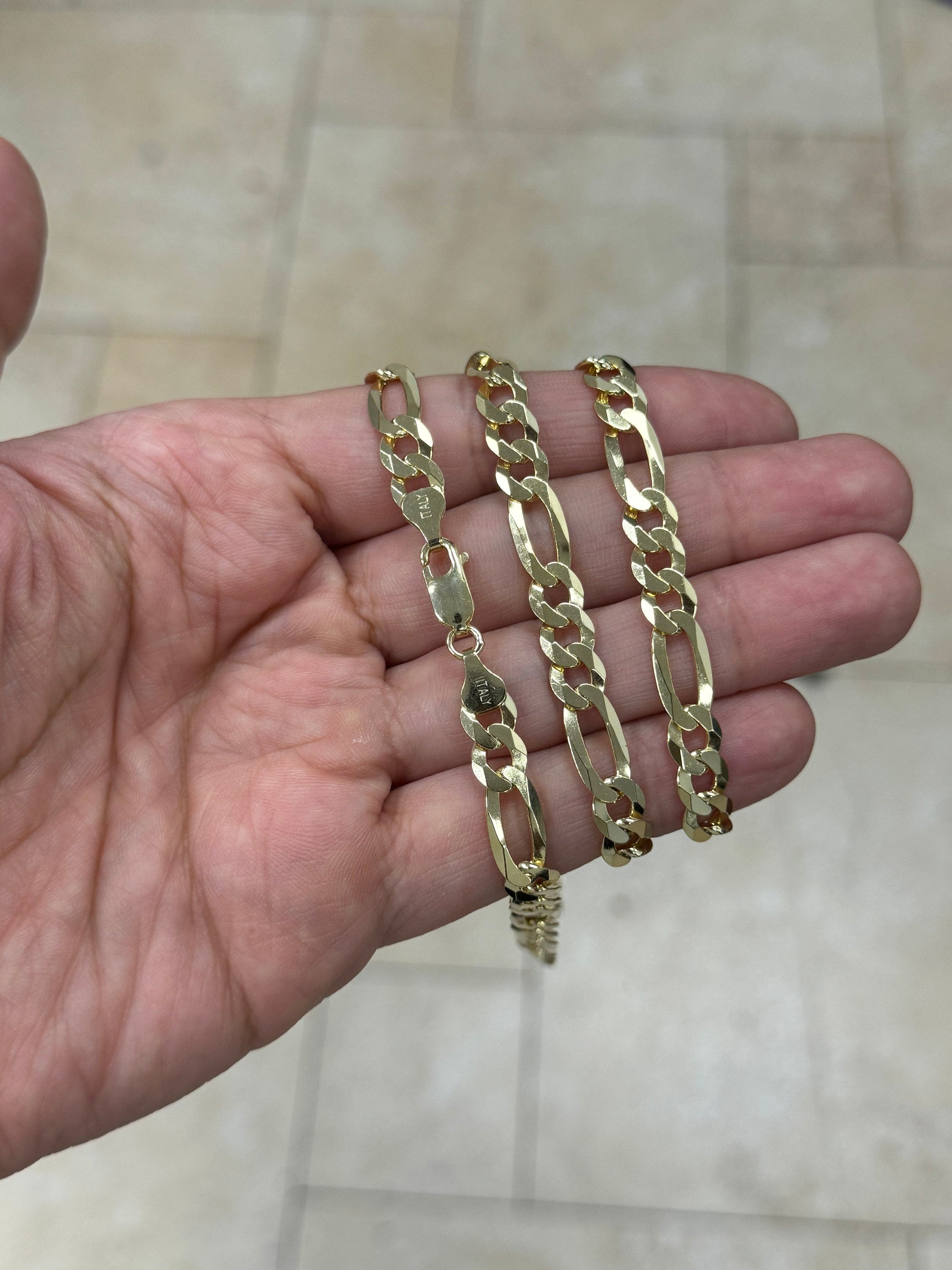 14K Gold Figaro Chain, Men Woman Necklace , Over 925 Sterling Silver, 7.3mm, All Sizes Available 16-30, Italy, Sale