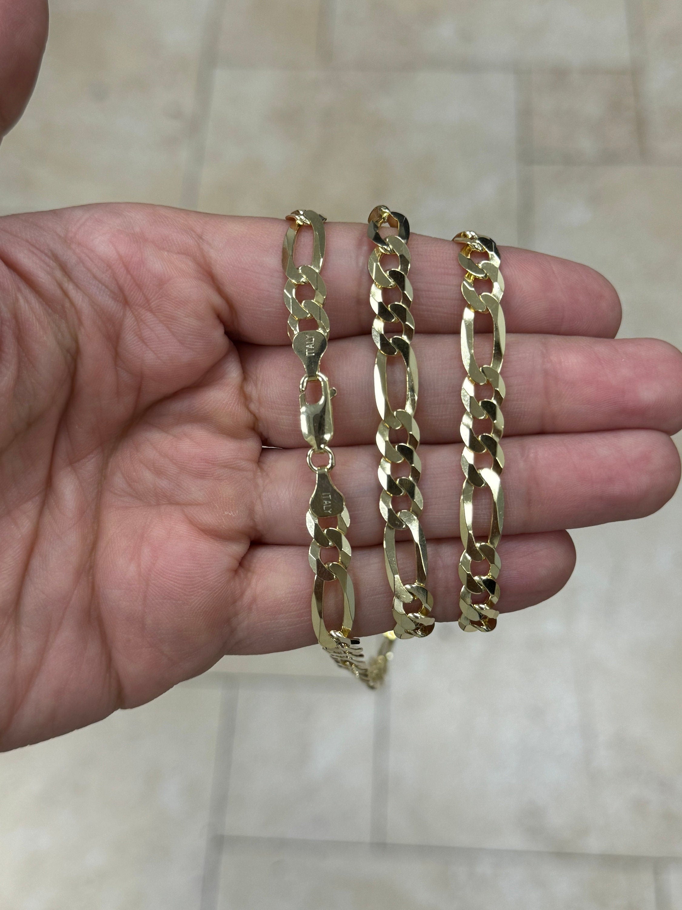 14K Gold Figaro Chain, Men Woman Necklace , Over 925 Sterling Silver, 7.3mm, All Sizes Available 16-30, Italy, Sale