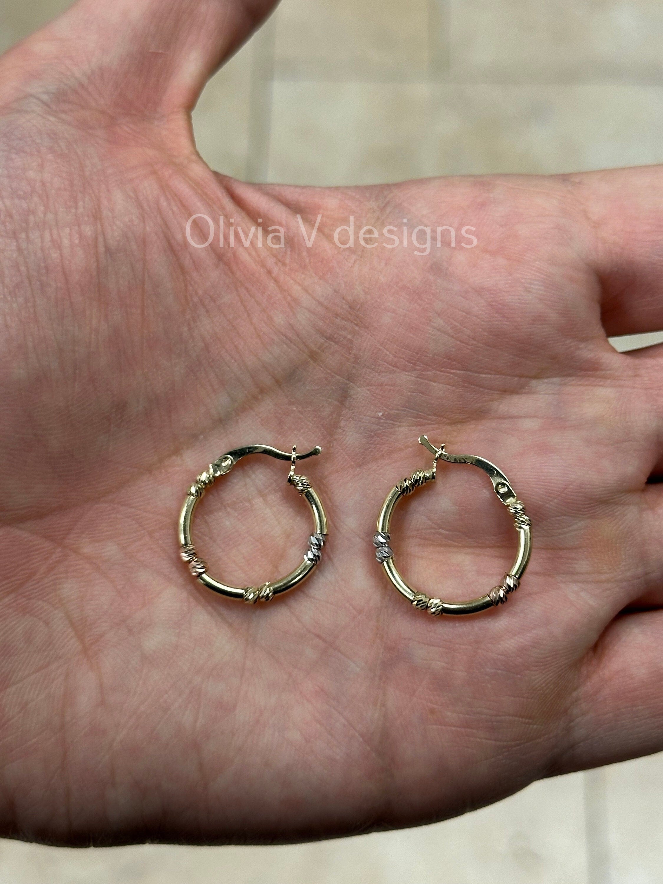 14K Gold Tri Color Beaded Hoop 20mm Earrings, Dainty Hoop Earrings, Tri Color Earrings, Yellow Rose White Gold