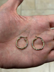 14K Gold Tri Color Beaded Hoop 20mm Earrings, Dainty Hoop Earrings, Tri Color Earrings, Yellow Rose White Gold