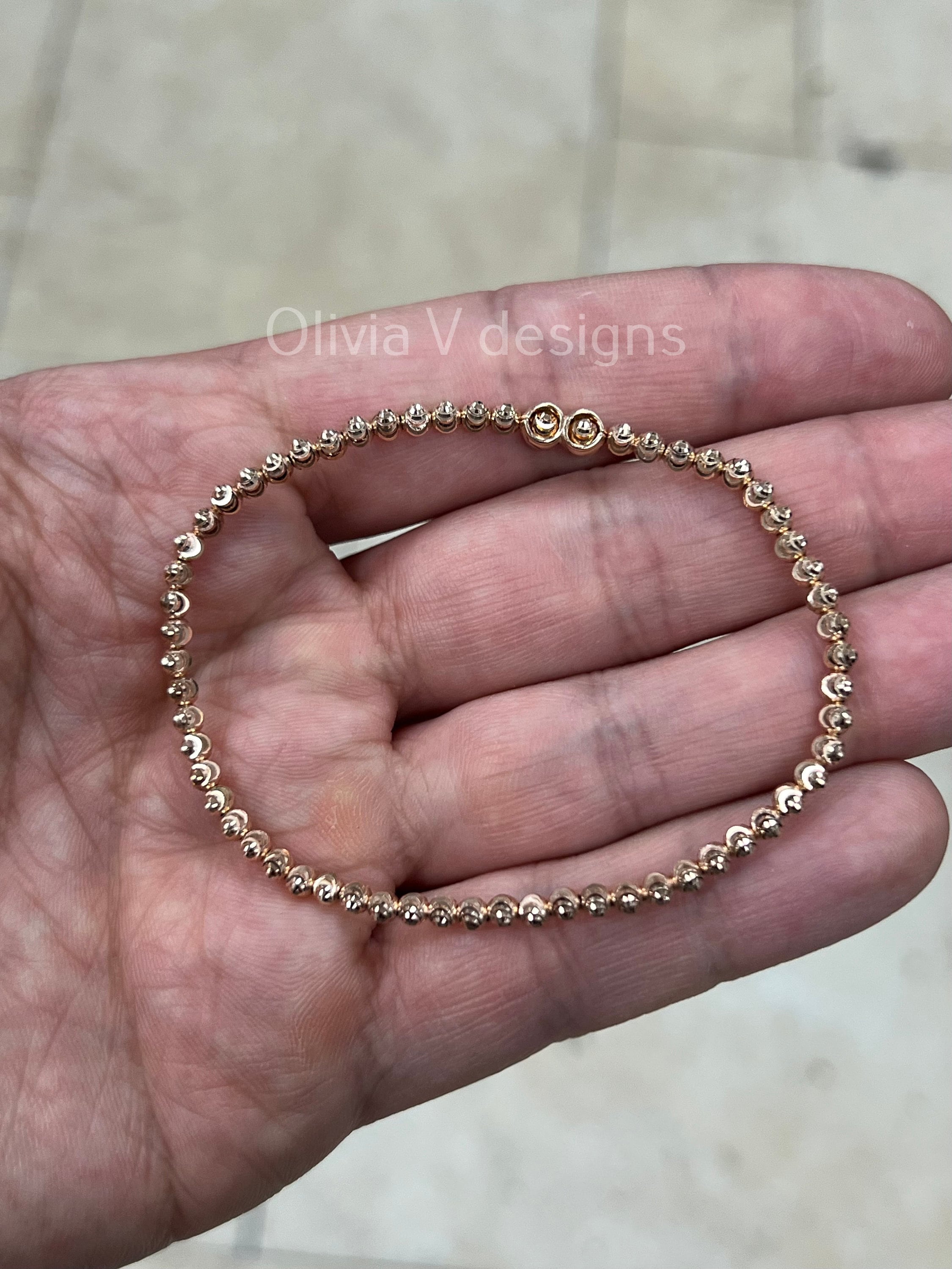 14K Rose Gold 925 Sterling Silver 3mm Moon Cut Ball Bead Elastic Bracelet, Genuine 925 - Solid 925 - Made In Italy - Beautiful Shine