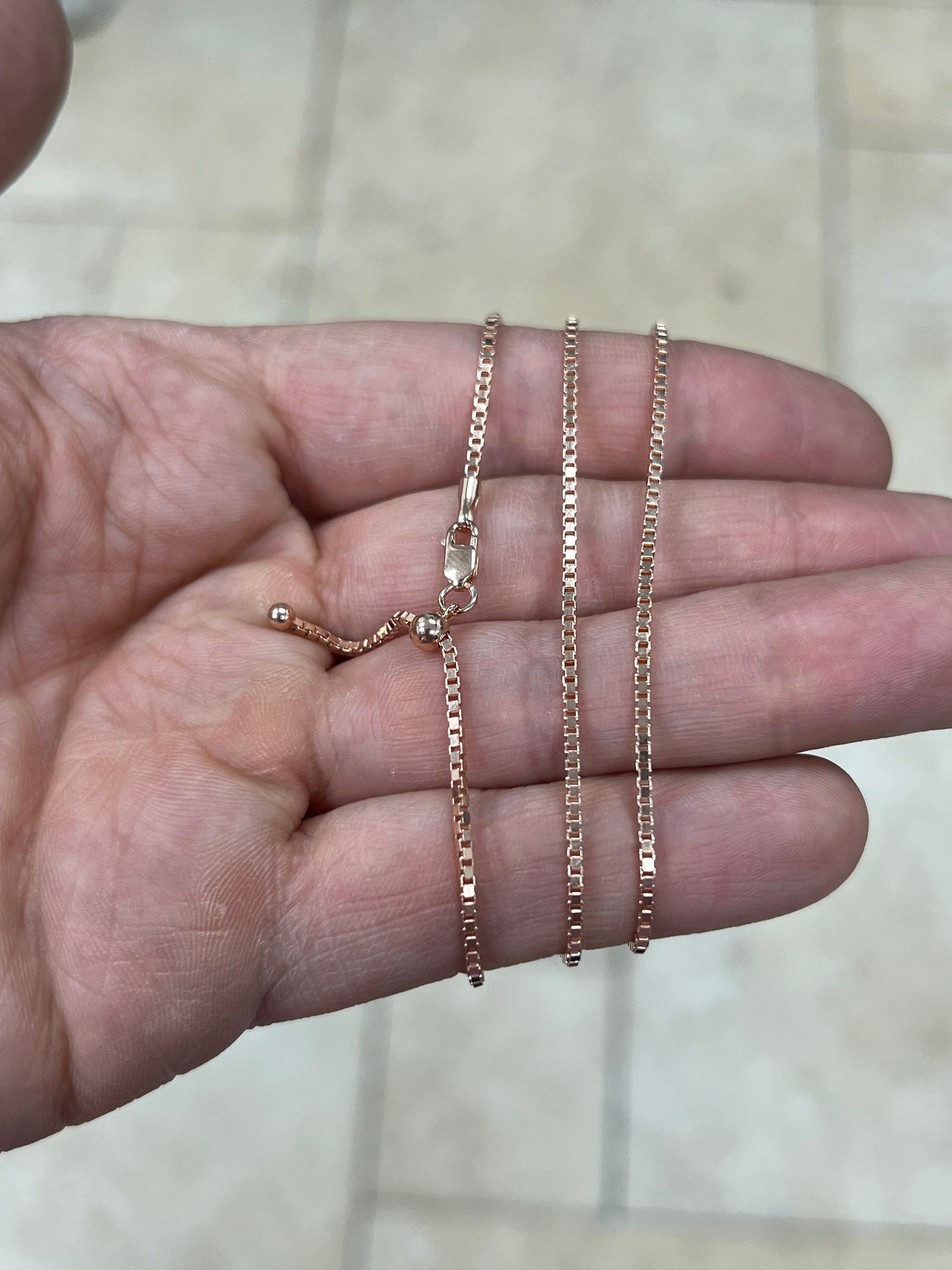 14K Rose Gold Over 925 Sterling Silver Box  Adjustable 1.3mm Chain, Silver, Sterling Silver Chain, 925 Sterling Silver, Finished Necklace