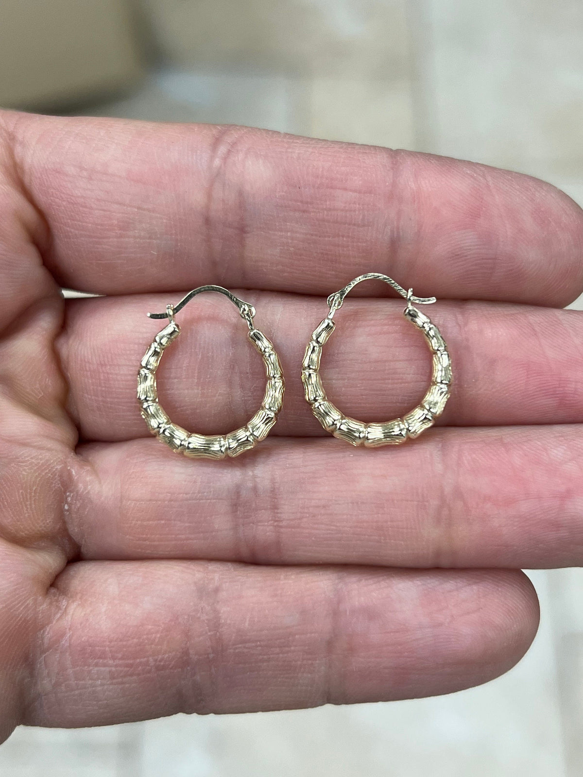 14K Solid Gold Bamboo Style French Lock Hoop Earrings - Jewelry for Women/Girls - Small Hoop Earrings