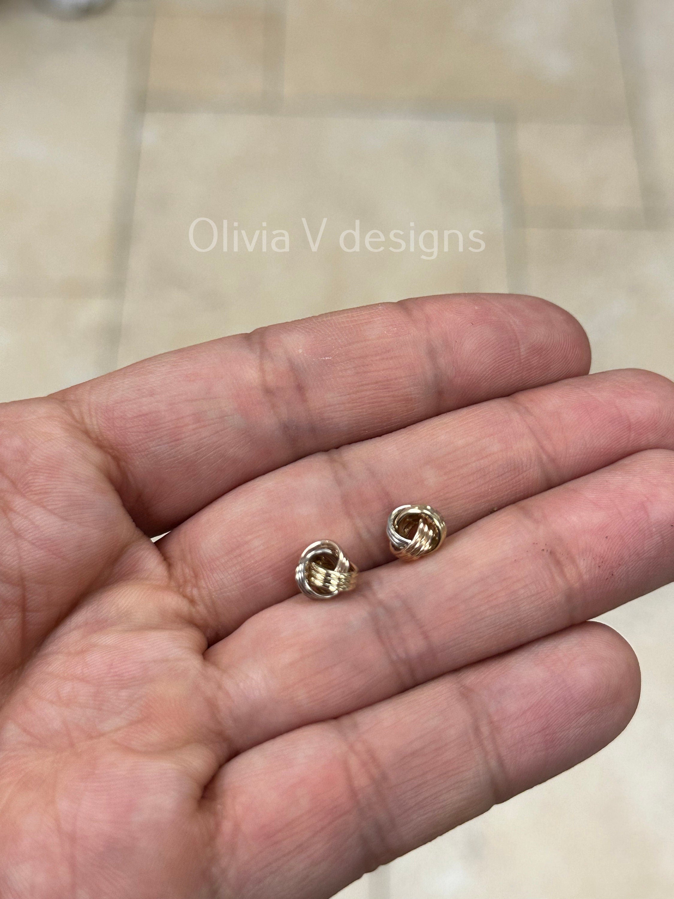 14K Solid Gold Tri-Color Love Knot 8mm Textured Earring, Love Knot Rosetta Design, Gift, Genuine 14k Yellow Gold