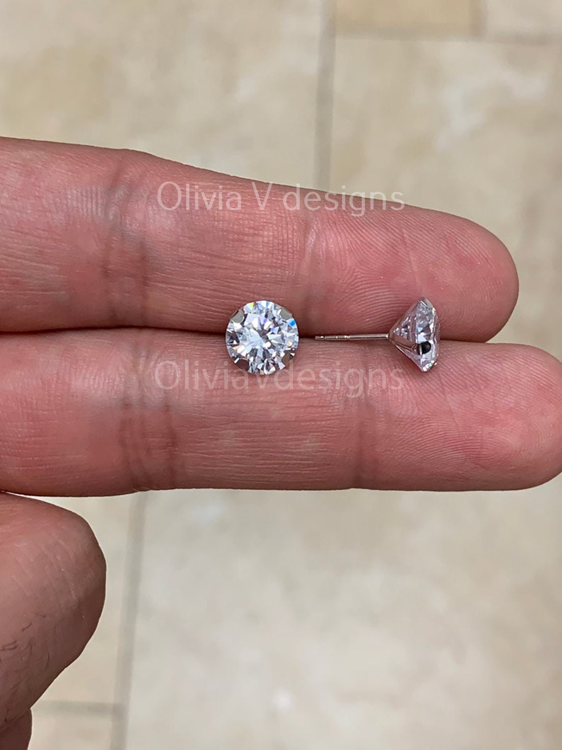 14K Solid White Gold Brilliant Bright Round AAA CZ Stud Earrings Sizes 3MM 4MM 5MM 6MM 7MM 8MM Martini Setting - Real Gold - Sold In Pairs