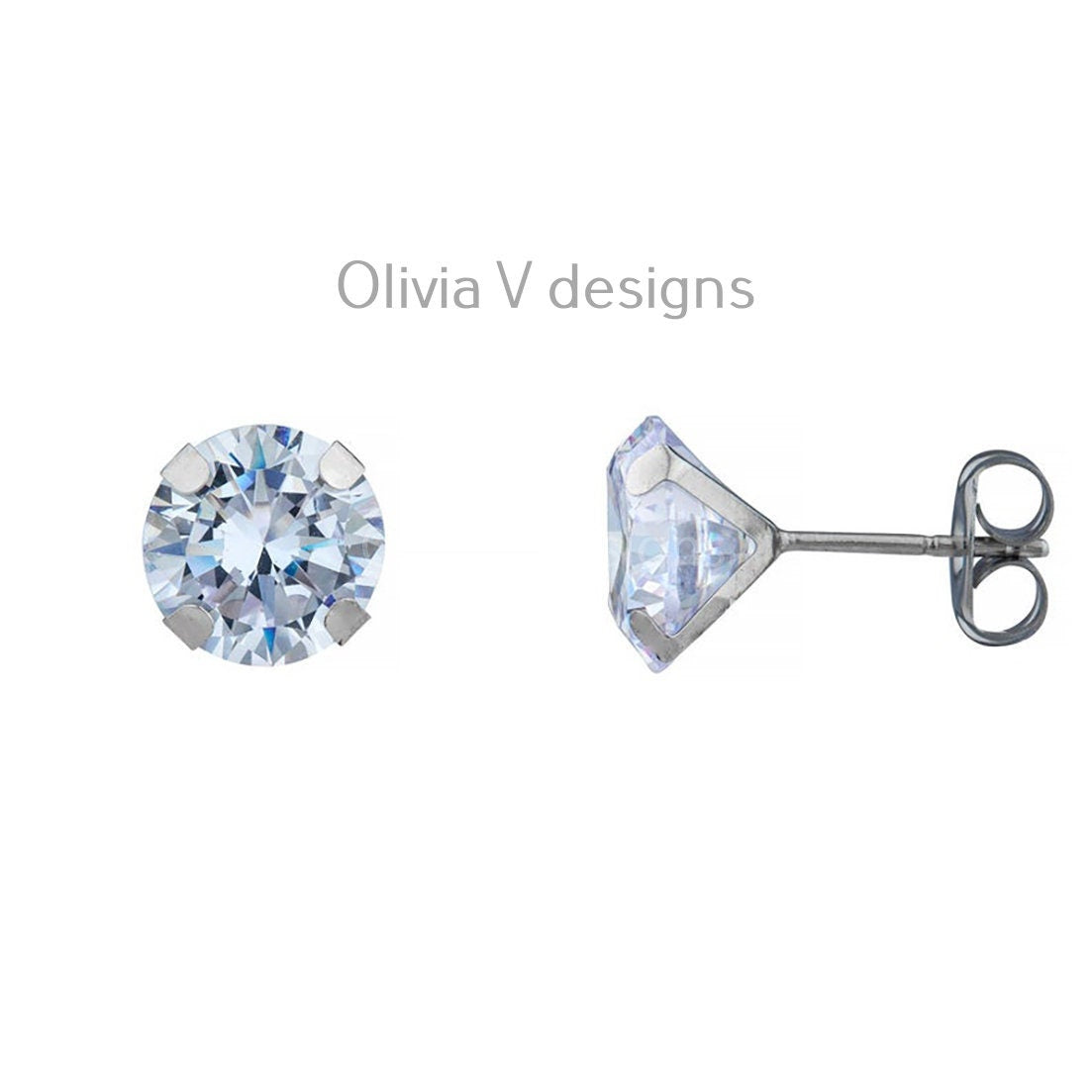 14K Solid White Gold Brilliant Bright Round AAA CZ Stud Earrings Sizes 3MM 4MM 5MM 6MM 7MM 8MM Martini Setting - Real Gold - Sold In Pairs