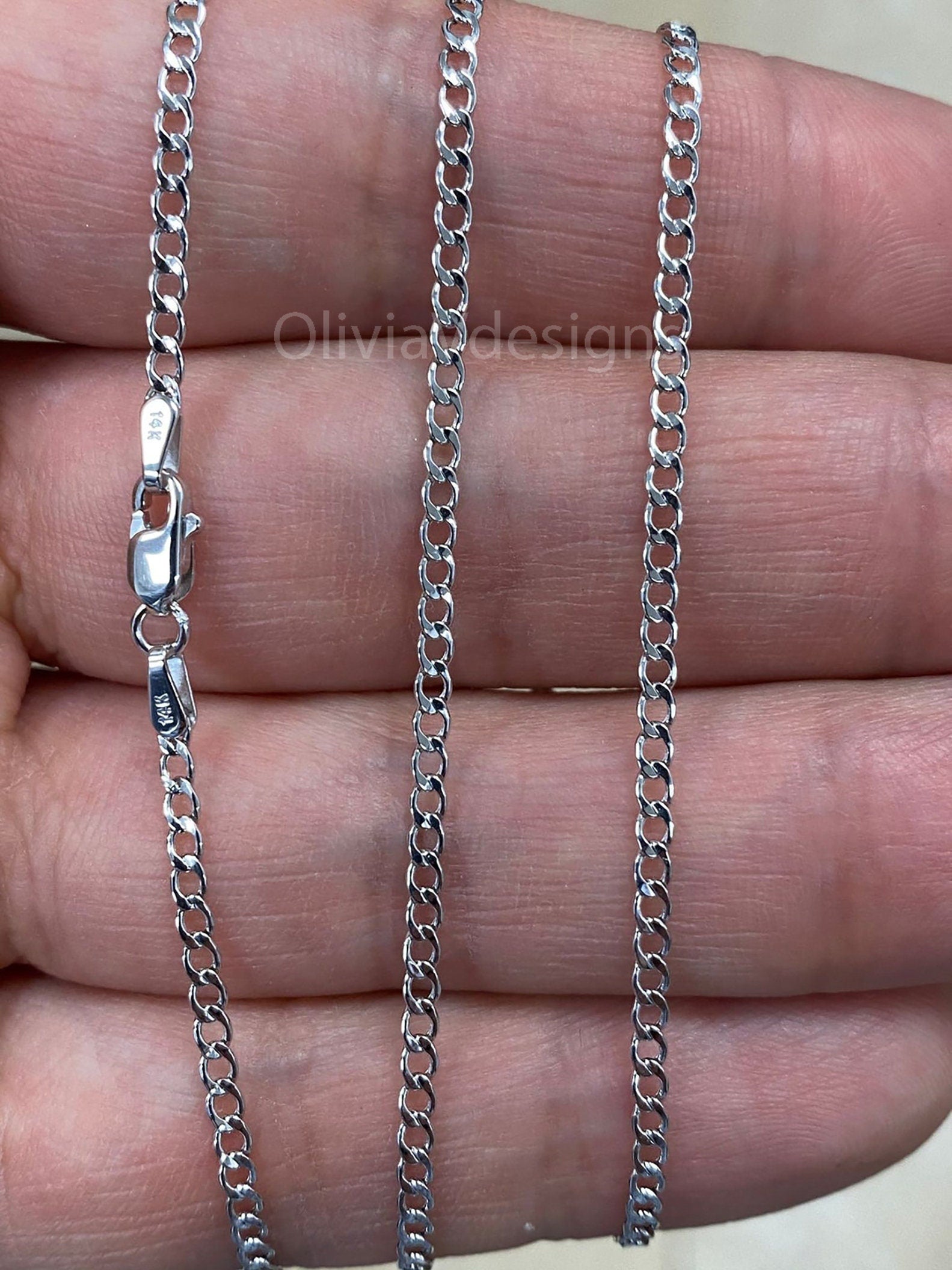 14K Solid White Gold Cuban 2.00MM Link Chain Necklace 16" 18" 20" 22" 24" 26" 28" 30" ,Layering Chain , Everyday Minimal Chain, 14K Gold