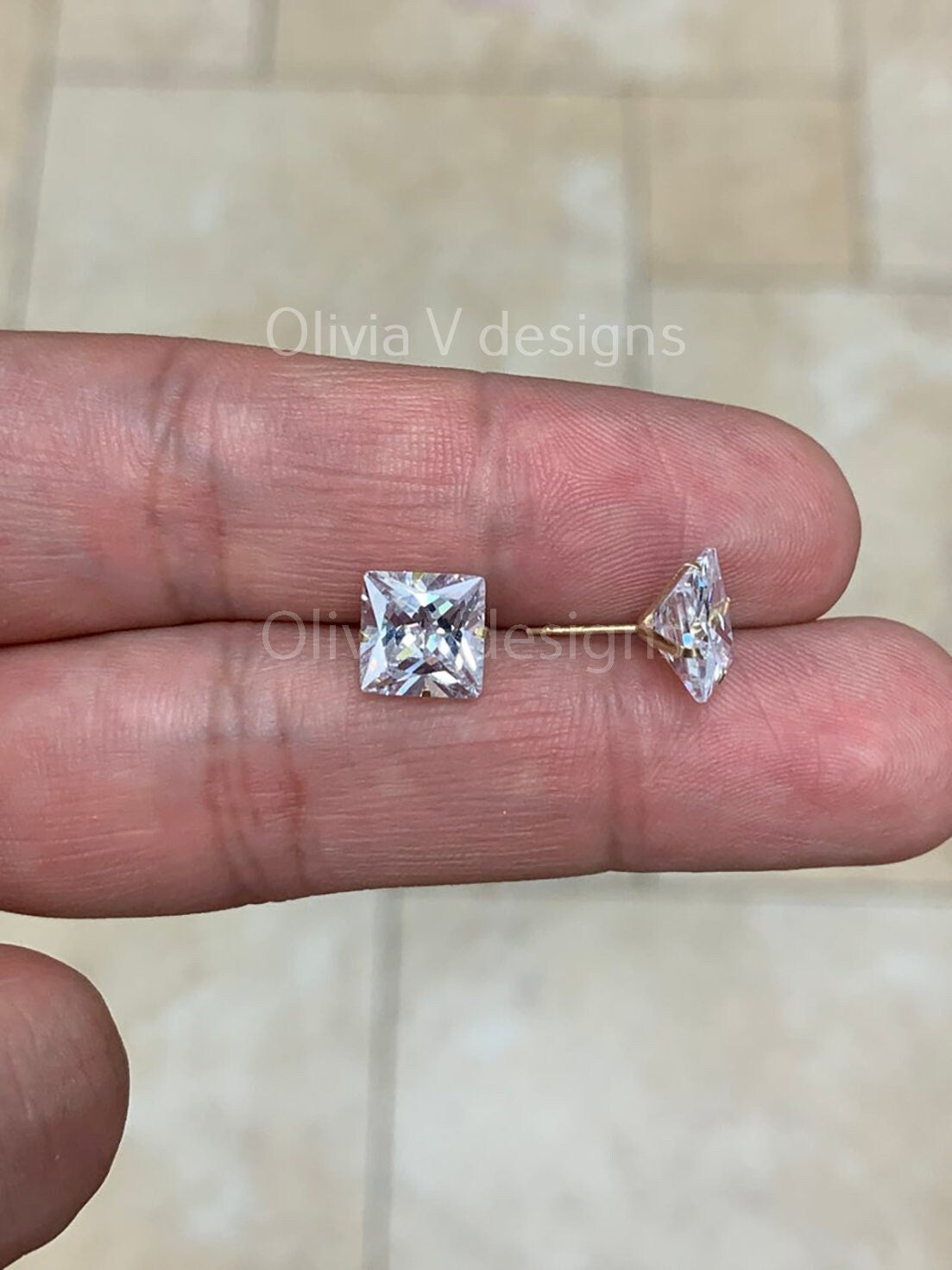 14K Solid Yellow Gold Brilliant Bright Princess Cut Square AAA CZ Stud Earrings Sizes 3MM 4MM 5MM 6MM 7MM 8MM Martini Setting - Real Gold