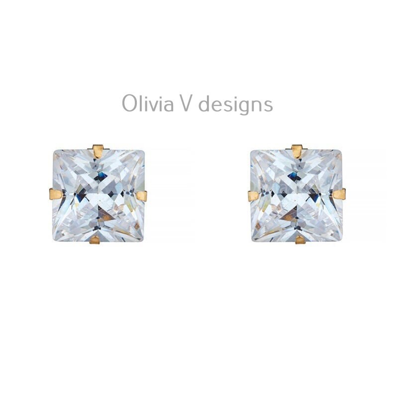 14K Solid Yellow Gold Brilliant Bright Princess Cut Square AAA CZ Stud Earrings Sizes 3MM 4MM 5MM 6MM 7MM 8MM Martini Setting - Real Gold