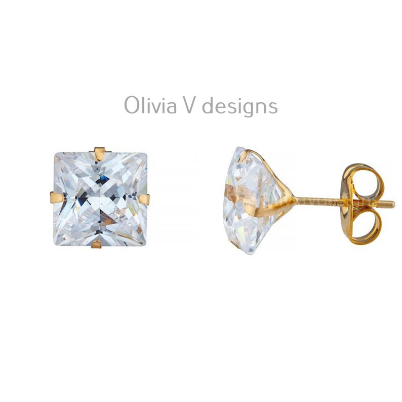 14K Solid Yellow Gold Brilliant Bright Princess Cut Square AAA CZ Stud Earrings Sizes 3MM 4MM 5MM 6MM 7MM 8MM Martini Setting - Real Gold