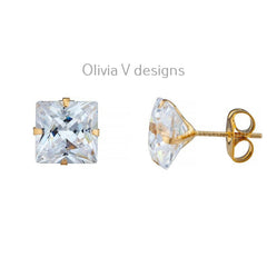 14K Solid Yellow Gold Brilliant Bright Princess Cut Square AAA CZ Stud Earrings Sizes 3MM 4MM 5MM 6MM 7MM 8MM Martini Setting - Real Gold