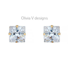 14K Solid Yellow Gold Brilliant Bright Princess Cut Square AAA CZ Stud Earrings Sizes 3MM 4MM 5MM 6MM 7MM 8MM Martini Setting - Real Gold