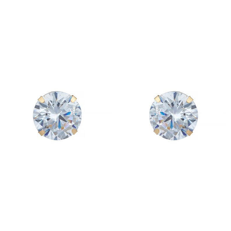 14K Solid Yellow Gold Brilliant Bright Round AAA CZ Stud Earrings Sizes 3MM 4MM 5MM 6MM 7MM 8MM Martini Setting - 14k Gold Backs
