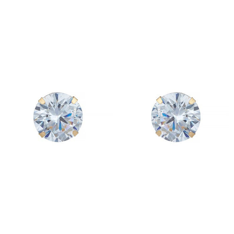 14K Solid Yellow Gold Brilliant Bright Round AAA CZ Stud Earrings Sizes 3MM 4MM 5MM 6MM 7MM 8MM Martini Setting - Real Gold - Sold In Pairs