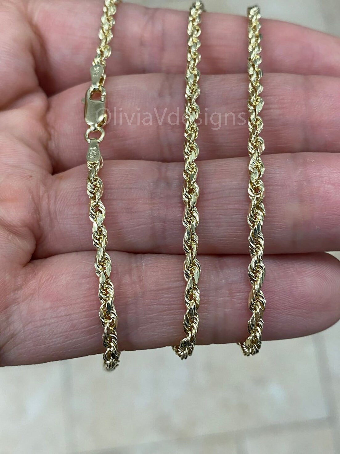 14K Solid Yellow Gold Necklace Gold Rope Chain, 14K Gold Rope Chain, 14K Rope Chain, Rope Gold Chain, Diamond-Cut, Men, Woman 3mm