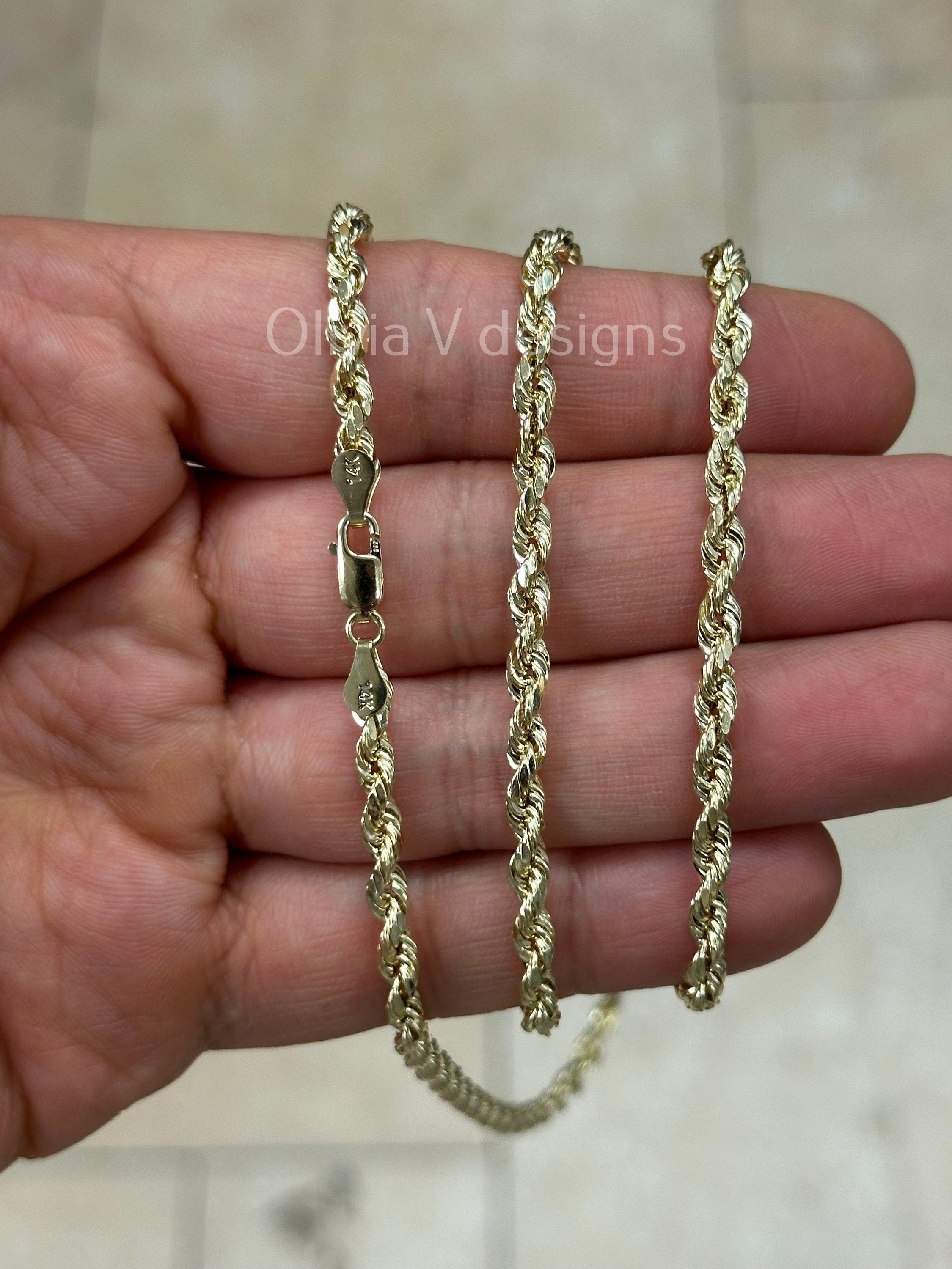 14K Solid Yellow Gold Necklace Gold Rope Chain, 14K Gold Rope Chain, 14K Rope Chain, Rope Gold Chain, Diamond-Cut, Men, Woman 4mm