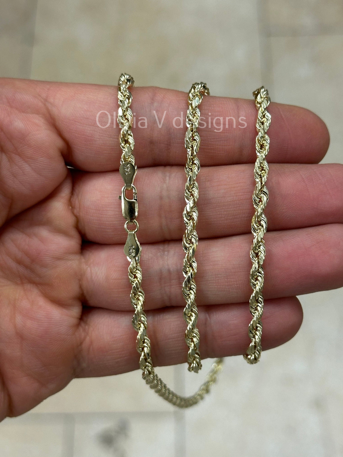 14K Solid Yellow Gold Necklace Gold Rope Chain, 14K Gold Rope Chain, 14K Rope Chain, Rope Gold Chain, Diamond-Cut, Men, Woman 4mm