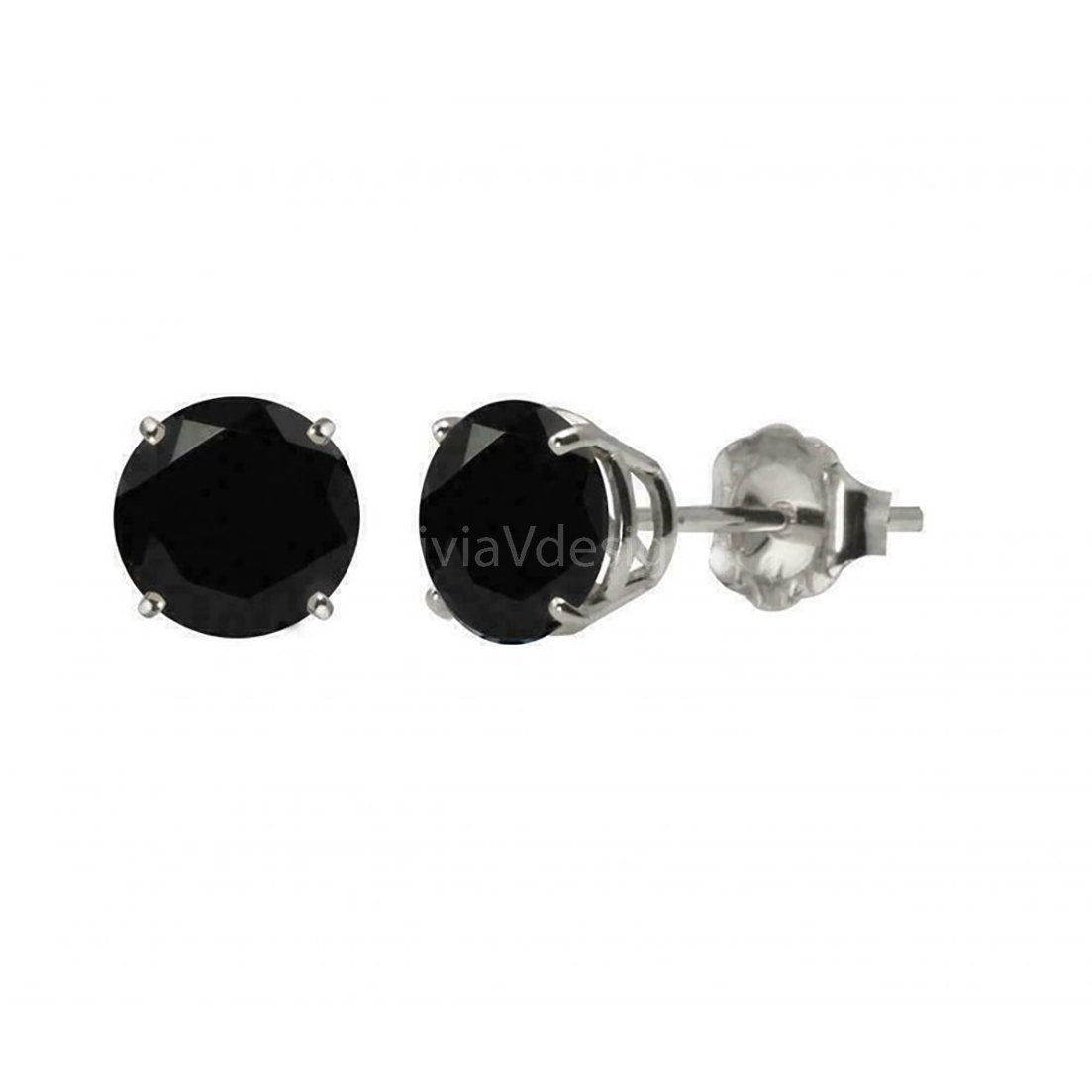 14K White Gold Black Onyx Round Solitaire Stud Earrings , Basket Setting, Yellow Gold, CZ Earrings, 3mm 4mm 5mm 6mm 7mm 8mm Cubic Zirconia