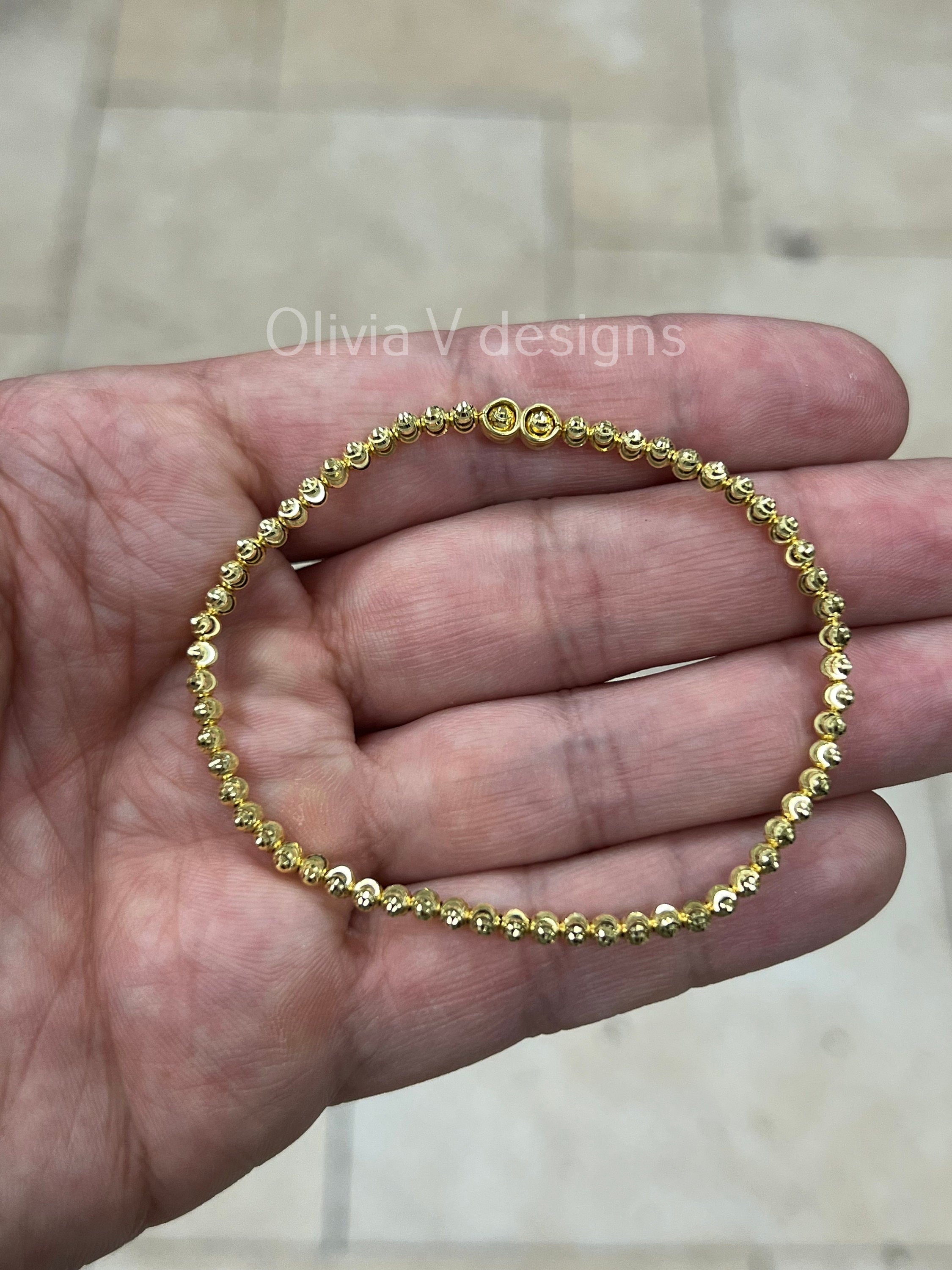 14K Yellow Gold 925 Sterling Silver 3mm Moon Cut Ball Bead Elastic Bracelet, Genuine 925 - Solid 925 - Made In Italy - Beautiful Shine