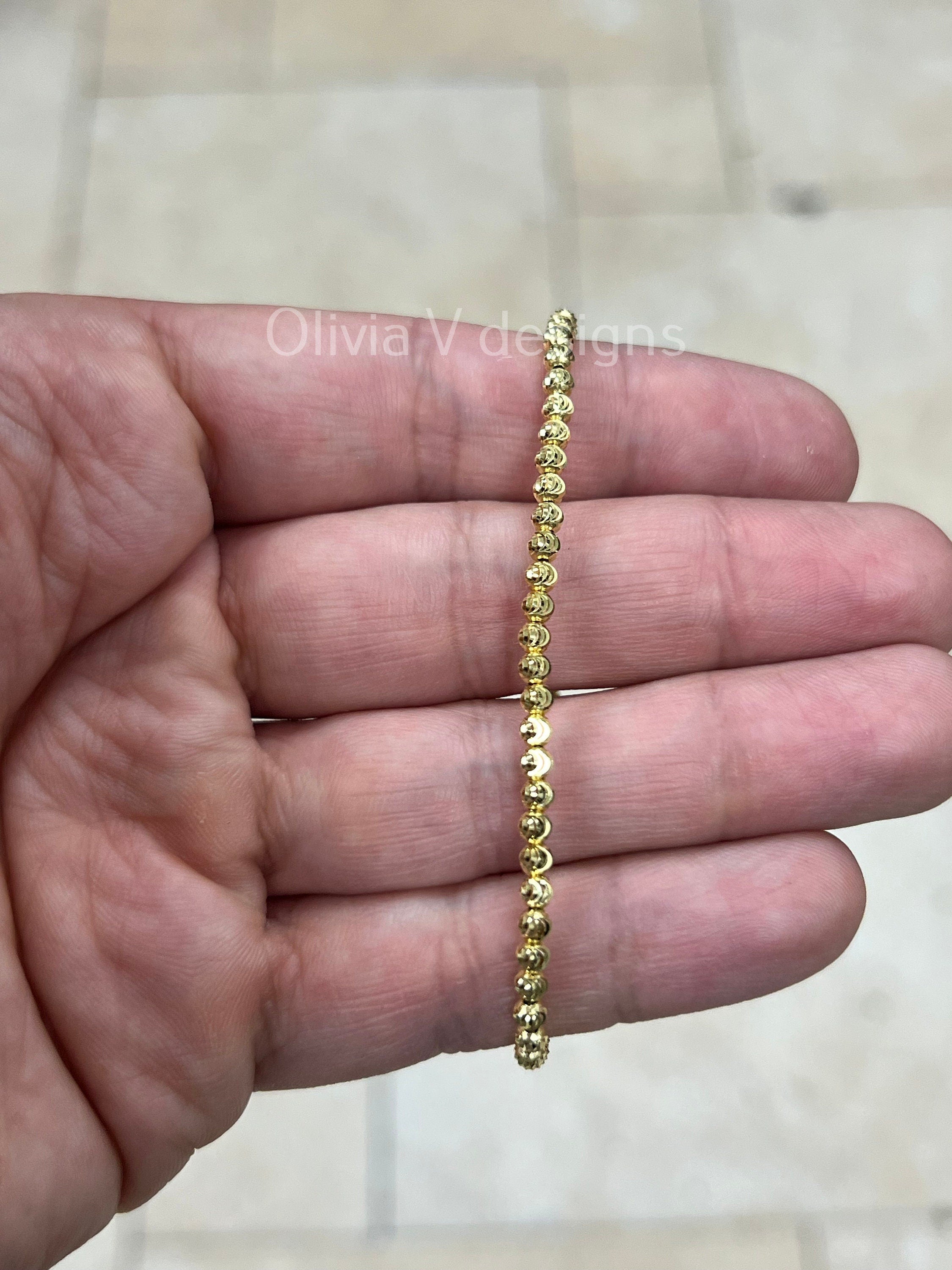 14K Yellow Gold 925 Sterling Silver 3mm Moon Cut Ball Bead Elastic Bracelet, Genuine 925 - Solid 925 - Made In Italy - Beautiful Shine