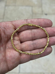 14K Yellow Gold 925 Sterling Silver 3mm Moon Cut Ball Bead Elastic Bracelet, Genuine 925 - Solid 925 - Made In Italy - Beautiful Shine