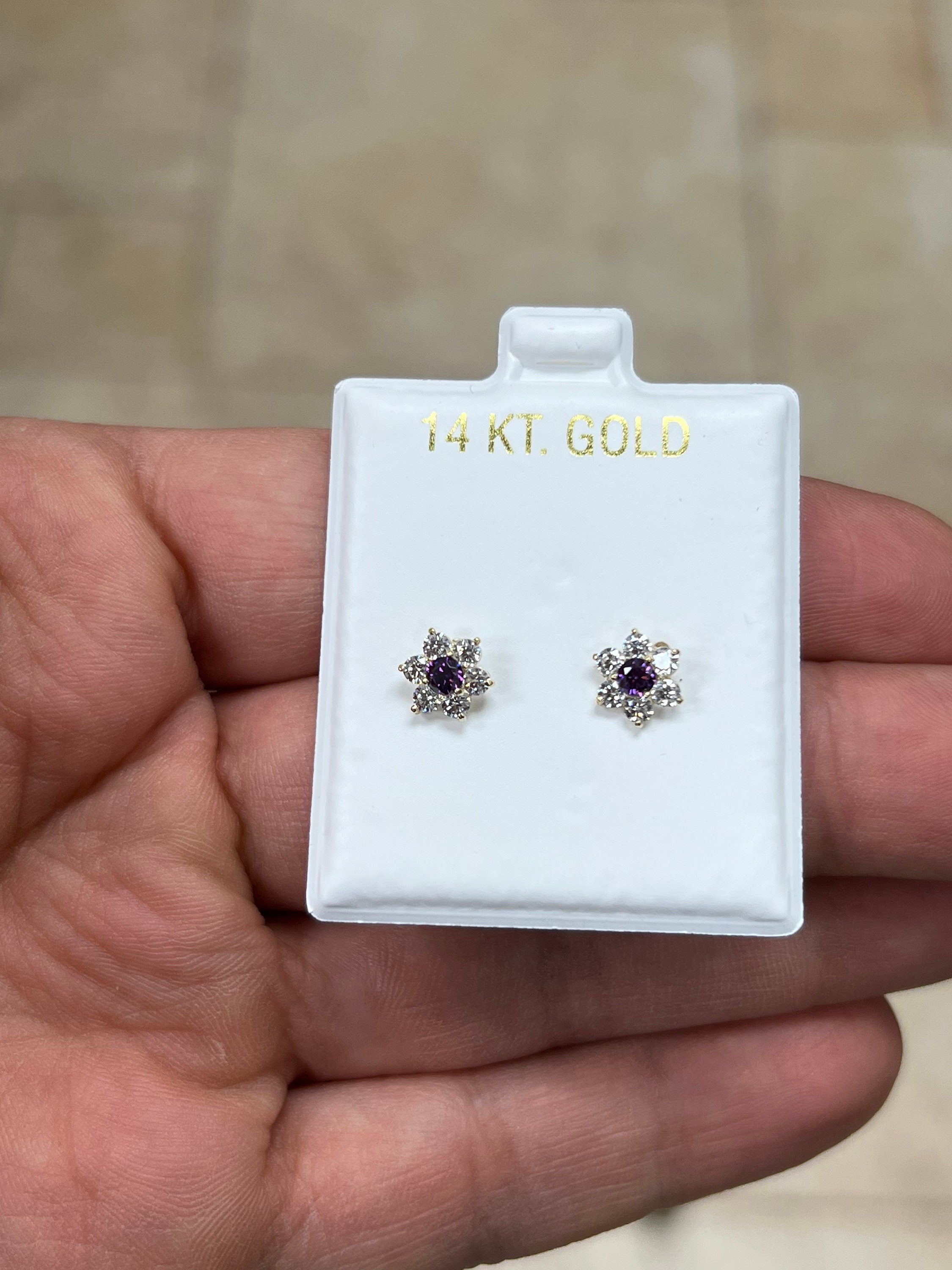 14K Yellow Gold Flower Stud Amethyst Birthstone Stud Earrings, Screw Back, Bolita Back, Genuine 14k Gold, Kids Baby