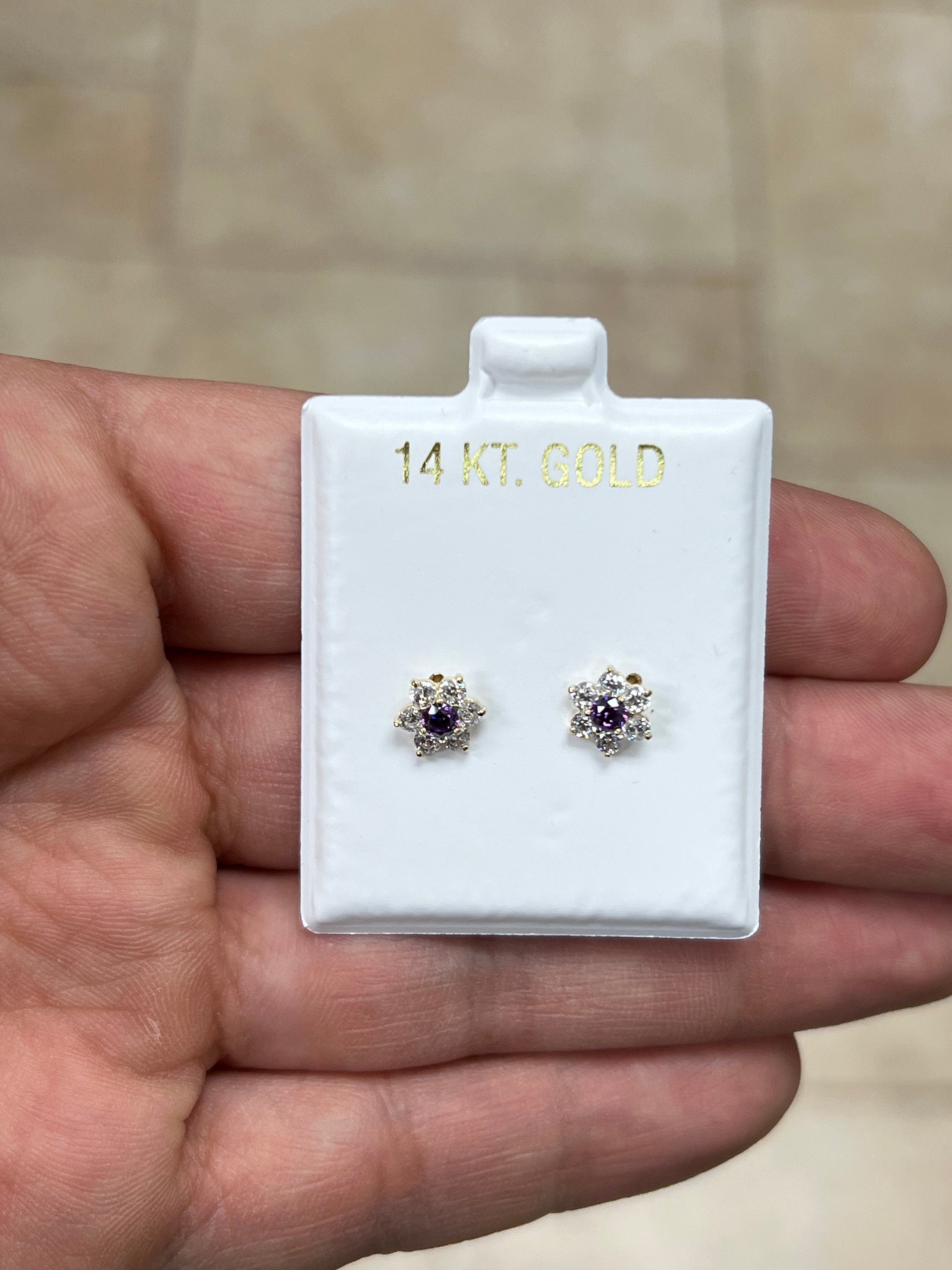 14K Yellow Gold Flower Stud Amethyst Birthstone Stud Earrings, Screw Back, Bolita Back, Genuine 14k Gold, Kids Baby